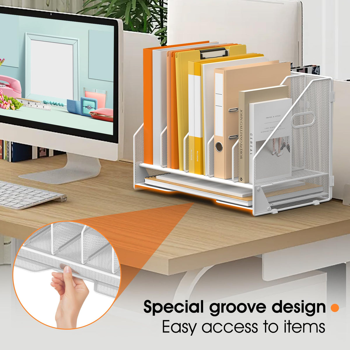 OrgMate 5 Vertical Mesh Desk Organizer with Paper Letter Tray, White