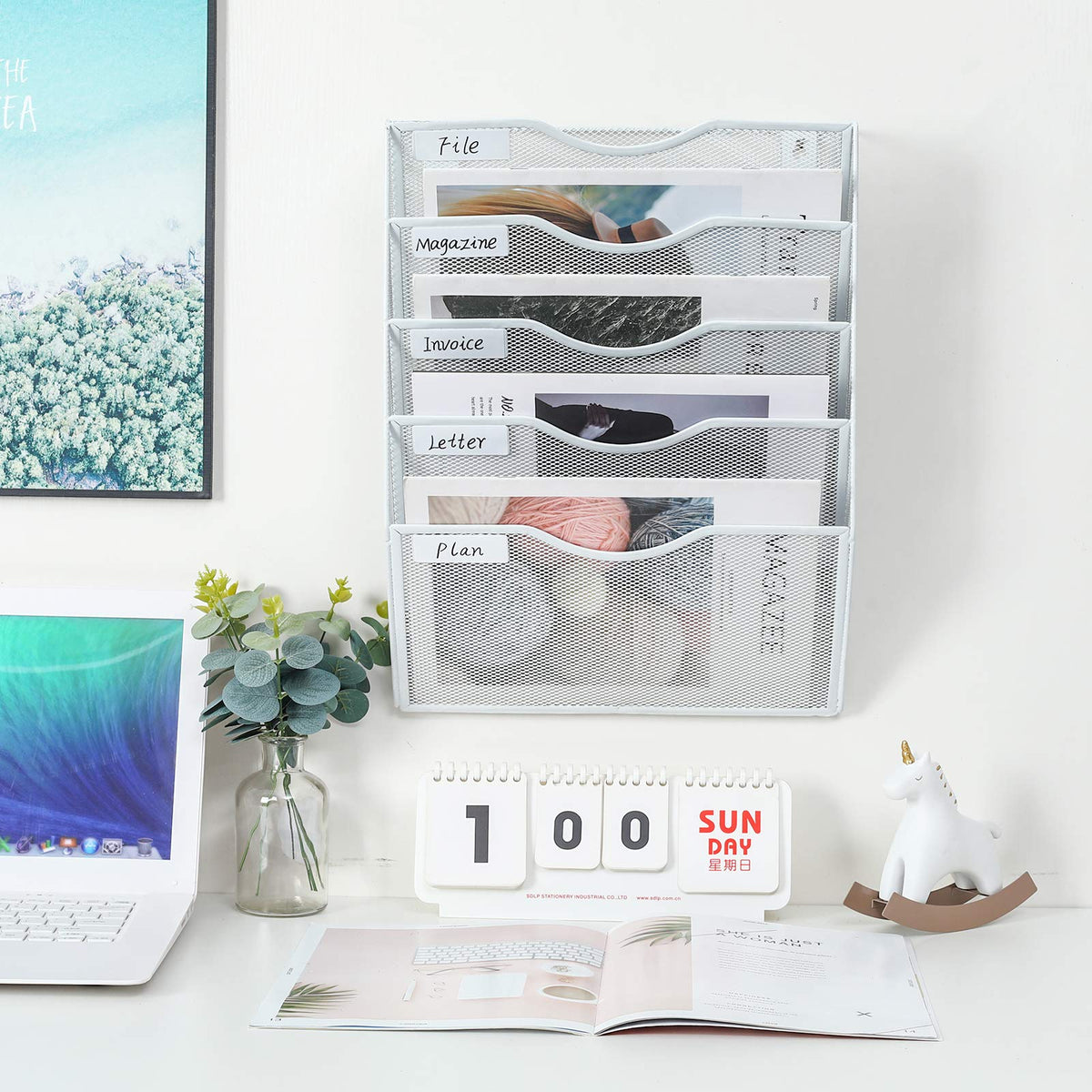PAG-Mass Hanging Wall File Holder Mail Organizer Wall Mount Document Letter Rack, 5-Tier, White