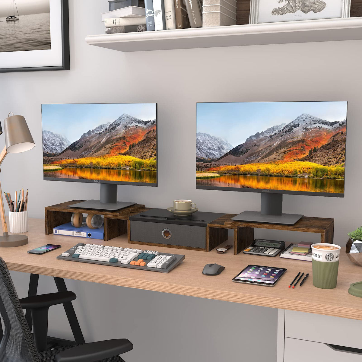 WESTREE Triple Dual Monitor Stand Riser with Drawer,Extra Large Adjustable for 2~3 Monitors,Solt