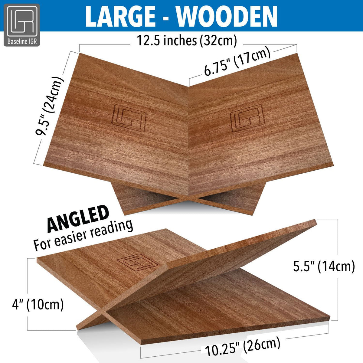 Large Wood Book Stand, 12.5" x 9.5" x 5.5”, Angled Natural Mahogany Wooden Book Holder, Open