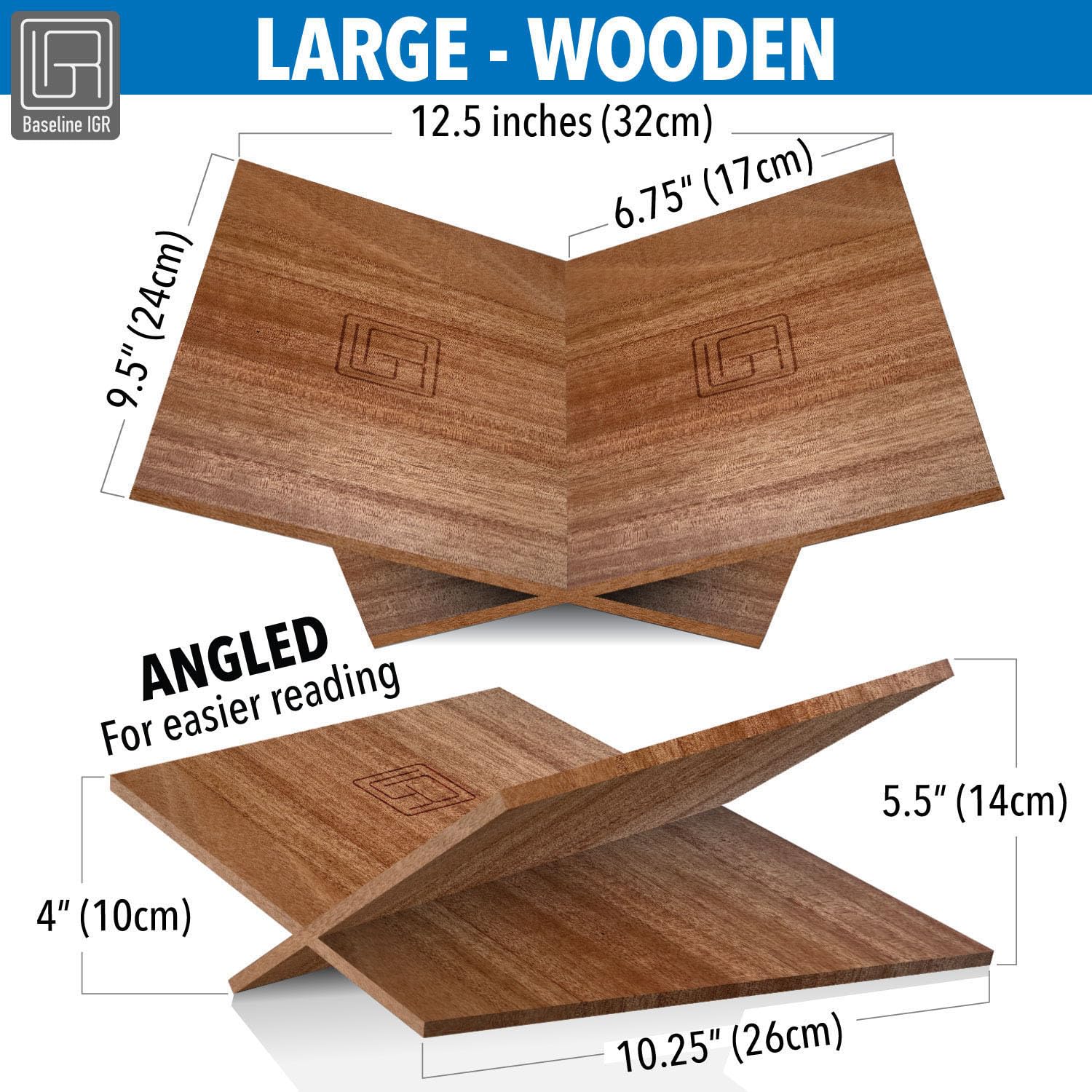 Large Wood Book Stand, 12.5" x 9.5" x 5.5”, Angled Natural Mahogany Wooden Book Holder, Open