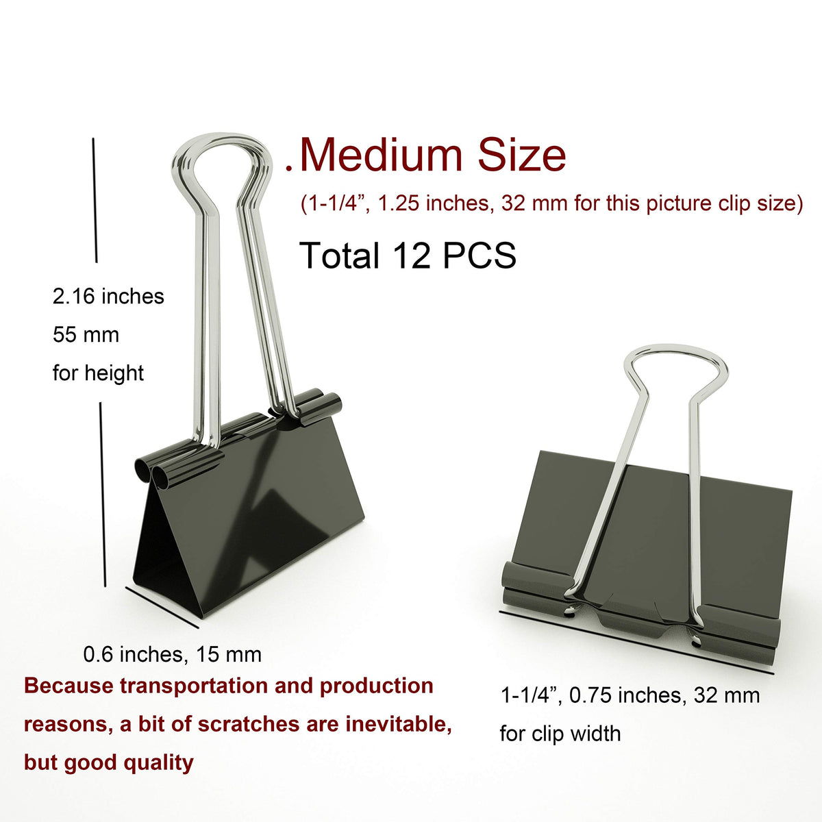 Nctinystore Binder Clips Medium Metal Clamp 1.25 inch / 32 mm (Black, 24-PCS)
