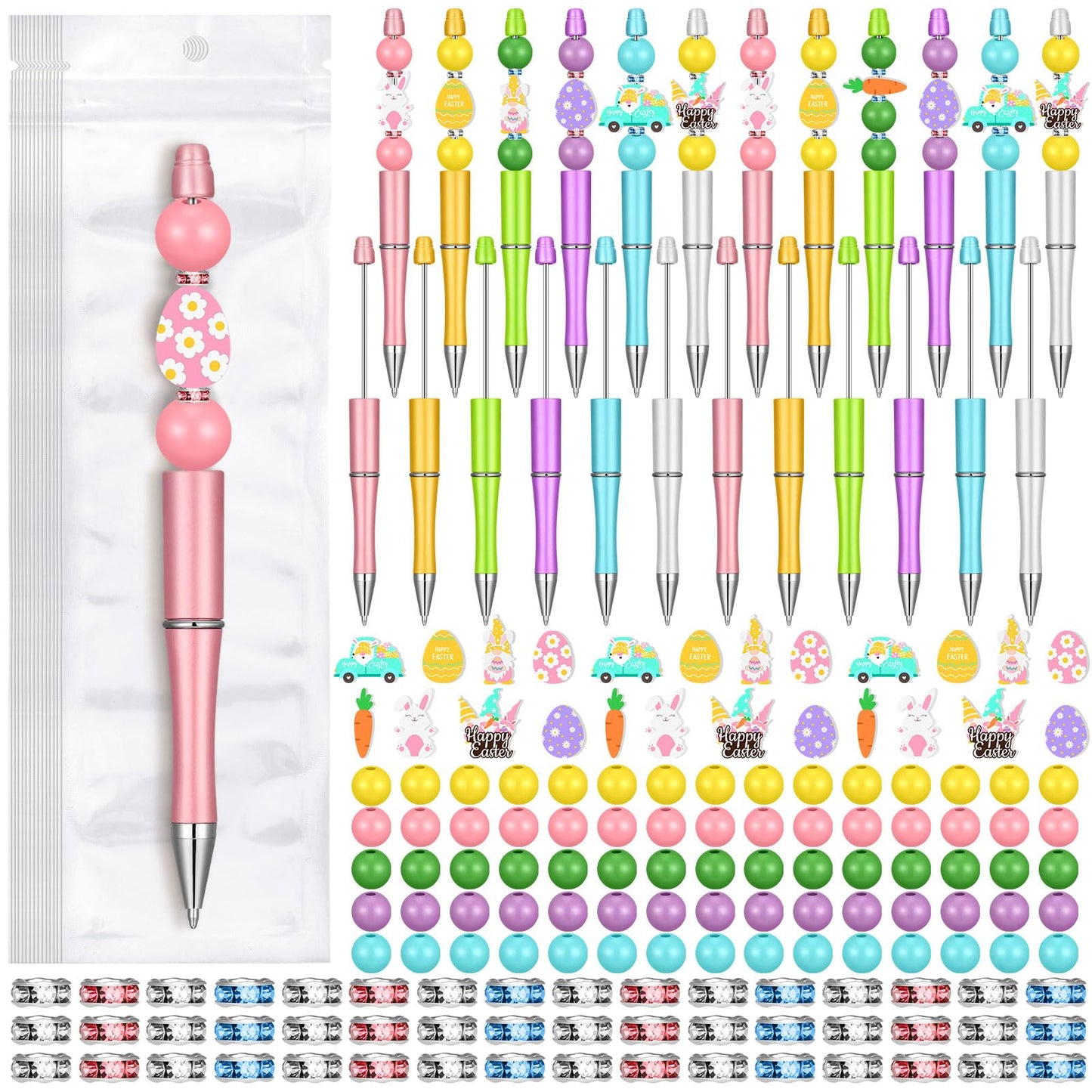 Zhanmai 197 Pcs Easter DIY Beadable Pens Kit 24 Plastic Ballpoint Pen with 101 Assorted Colors