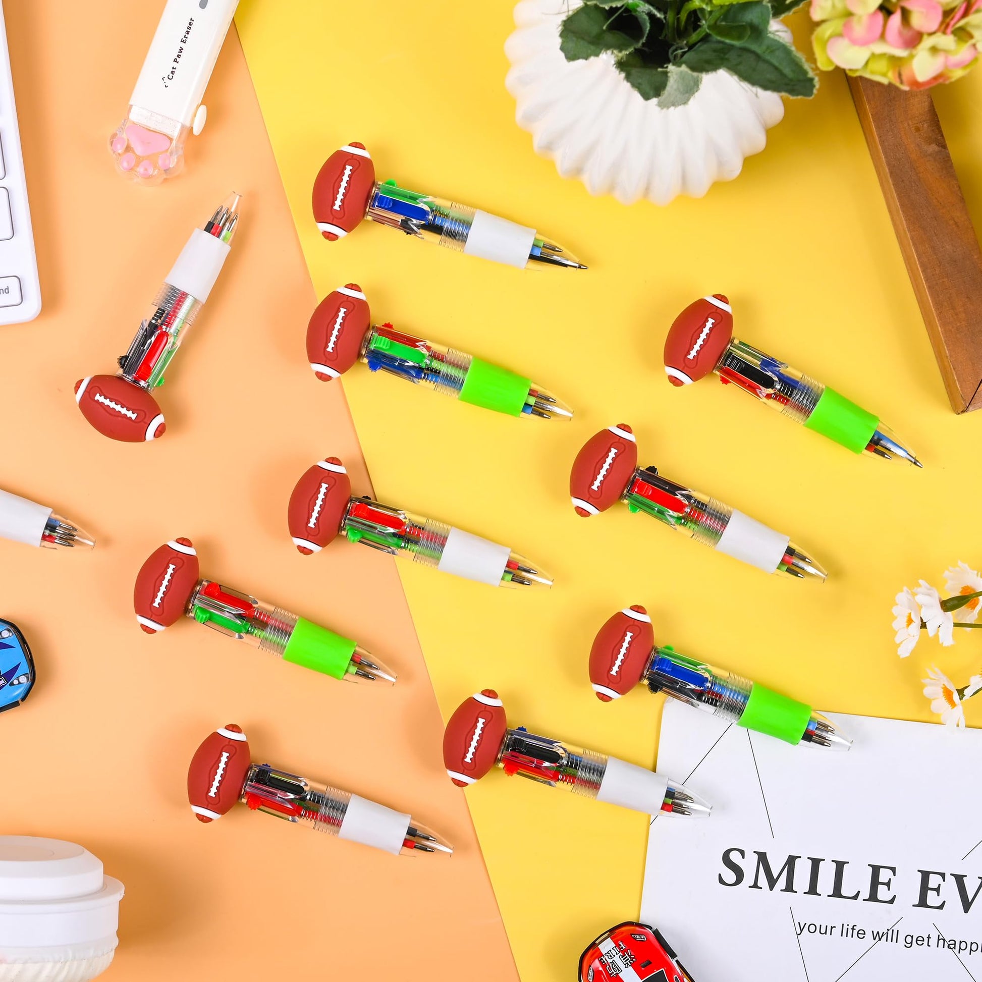 LiYiQ 50 Pcs Football Multicolor Pen in One Cartoon Cute Fun 4-in-1 Cute Pens Bulk Kawaii Football