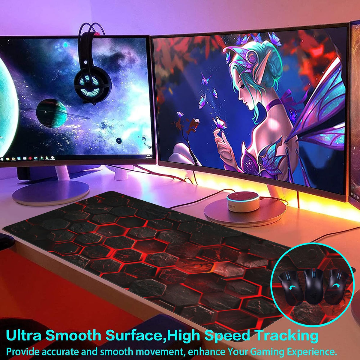 Large Gaming Mouse Pad for Desk,Red Honeycomb Science Technology Desk Mat,Honeycomb Hexagon Desk