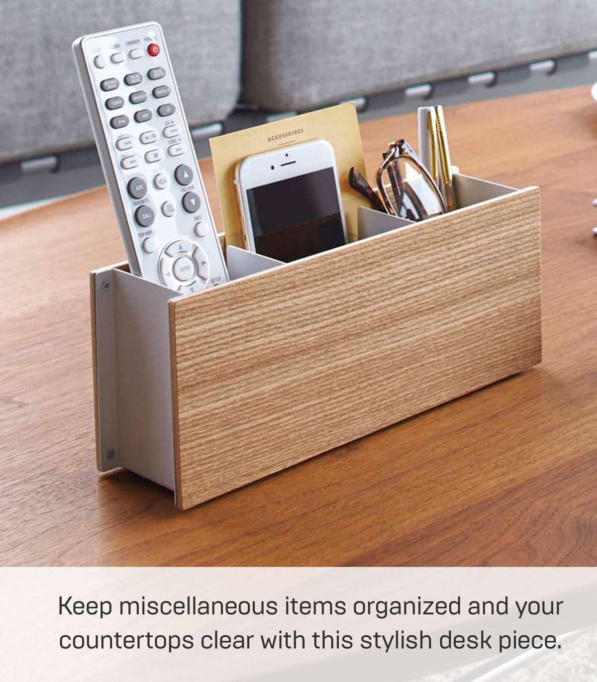 YAMAZAKI Home Rin Desk Organizer - Tv Remote Control And Pen Holder - Small - Steel + Wood