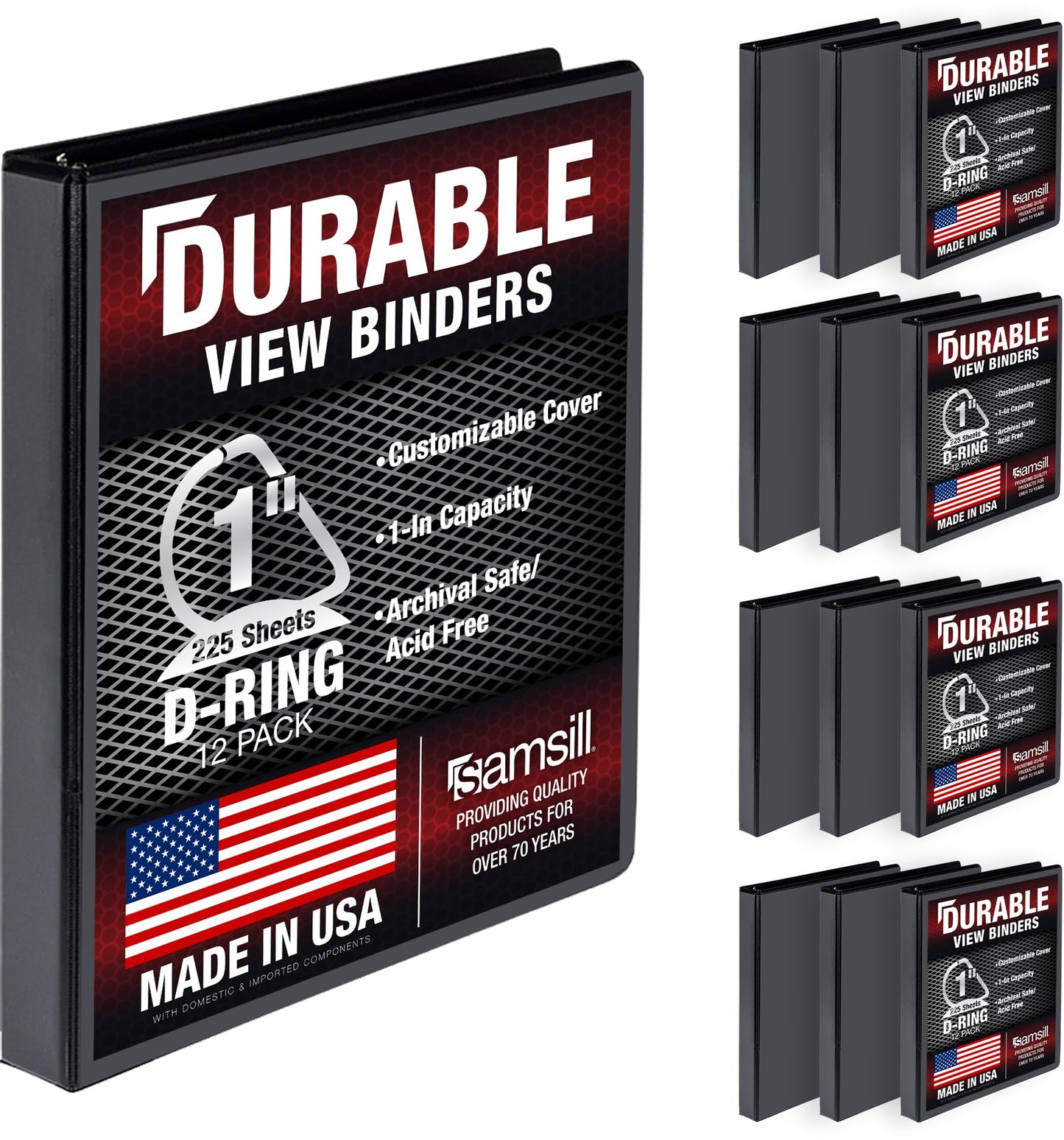 Samsill Durable 1 inch 3 Ring Binder, D Ring Binder, 100% Recycled Chipboard, Black, 12 Pack