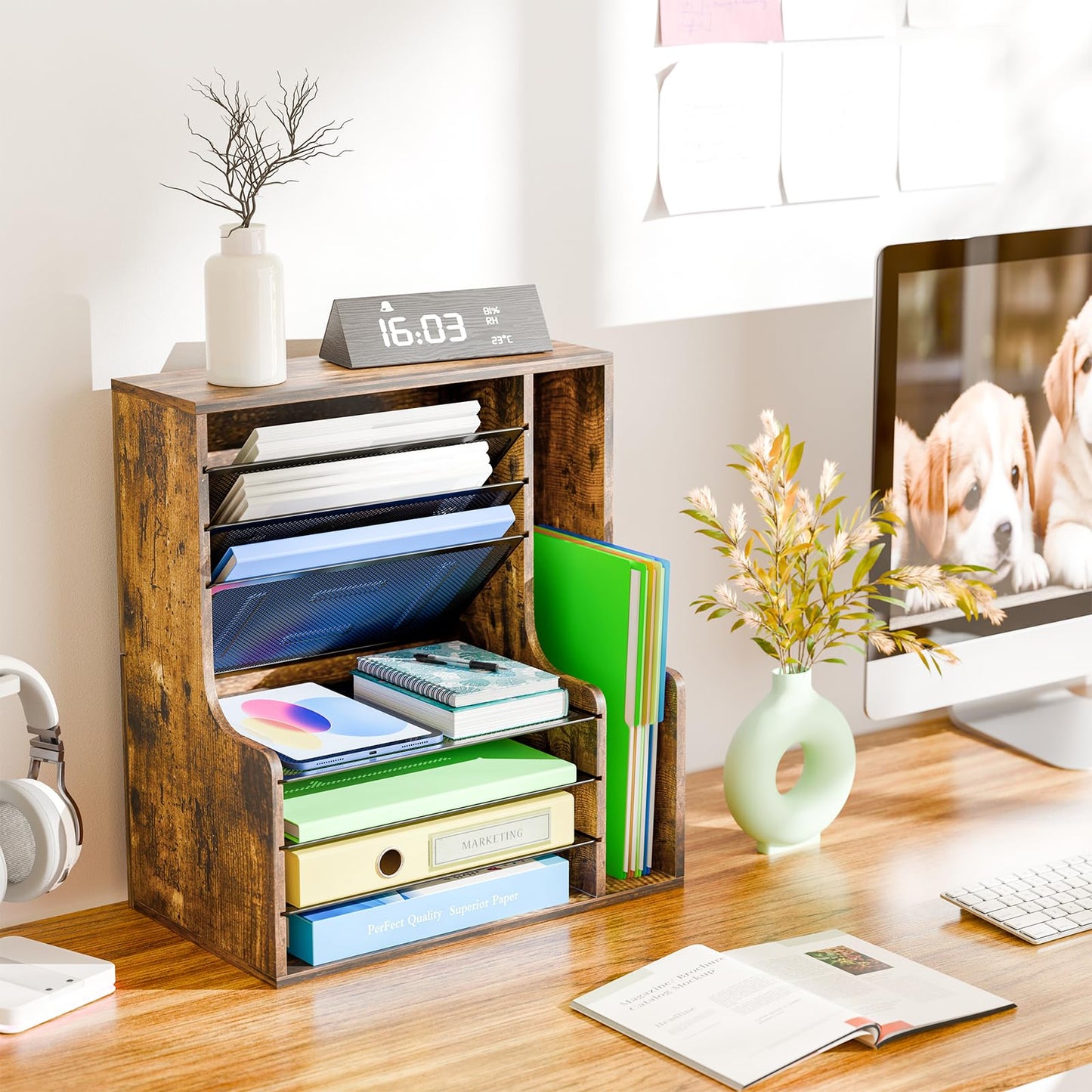 Simple Trending 7- Tier Desk File Organizer, Paper Organizer, Rustic Brown