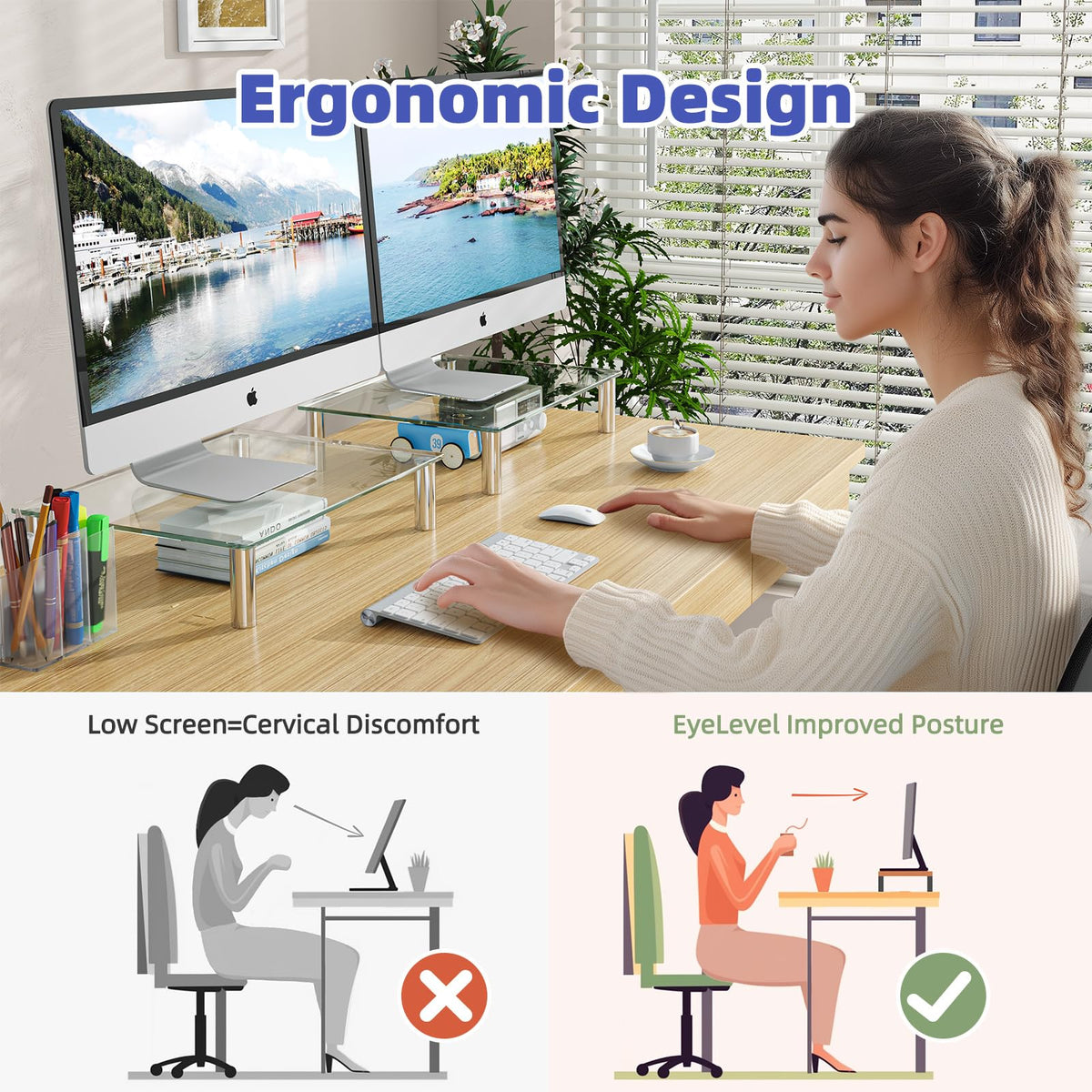 Simple Trending 2-Pack Tempered Glass Monitor Stand, Adjustable, Clear