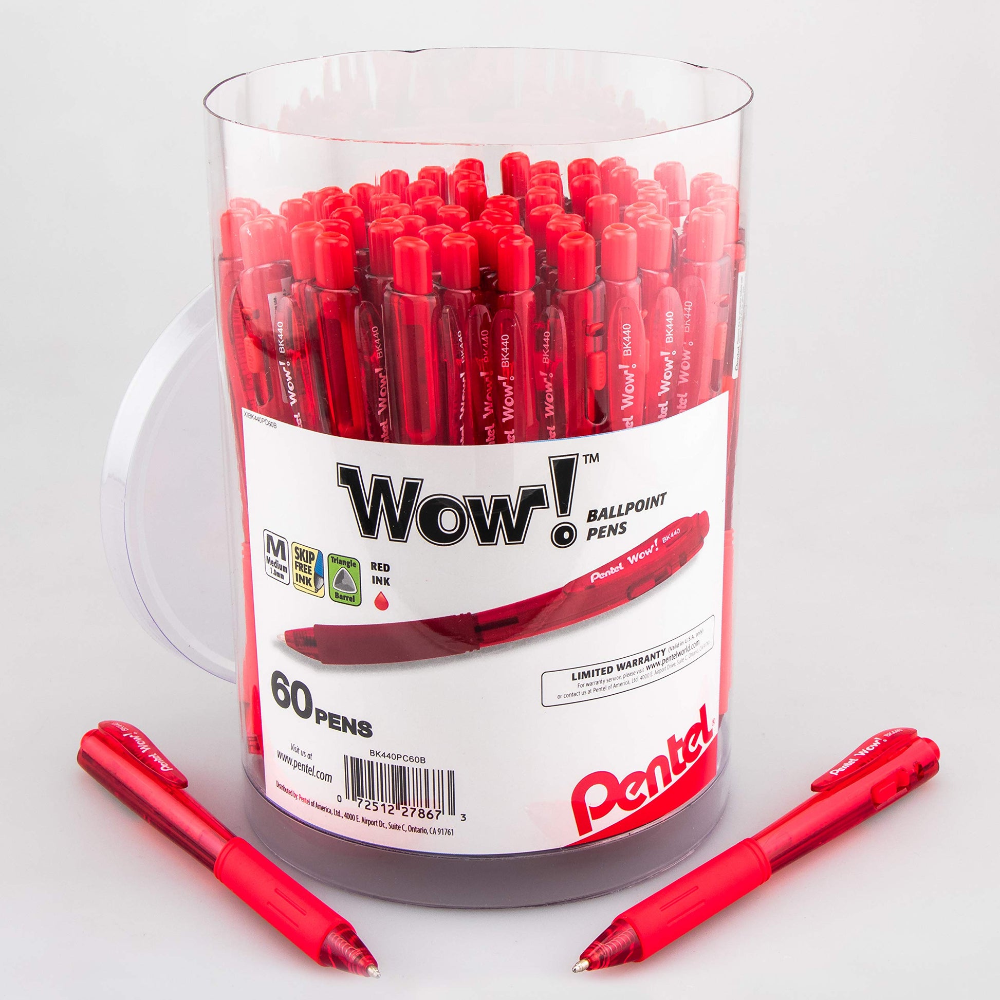 Pentel WOW! Ballpoint Pen, (1.0mm) Medium Line, Red Ink, Pack of 60, Canister (BK440PC60B)