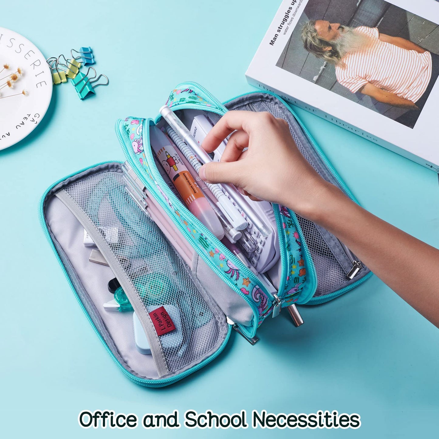LParkin Axolotl Pencil Case Super Large Capacity 3 Compartments Canvas Pencil Box Kawaii Makeup Bag