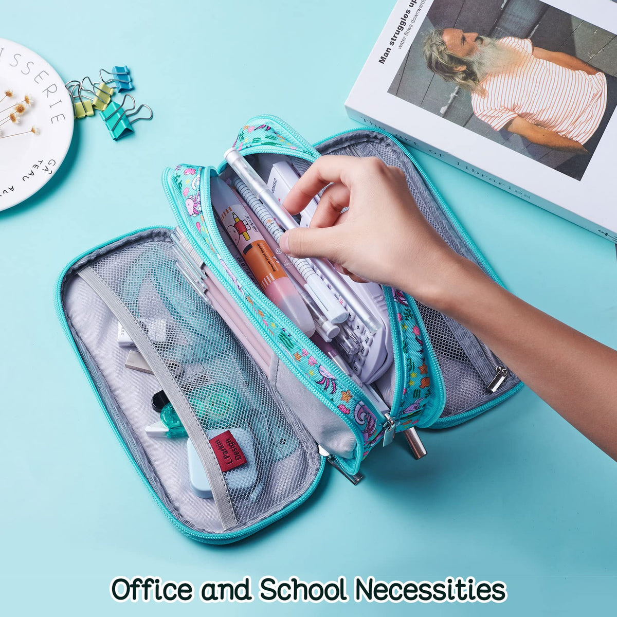 LParkin Axolotl Pencil Case Super Large Capacity 3 Compartments Canvas Pencil Box Kawaii Makeup Bag