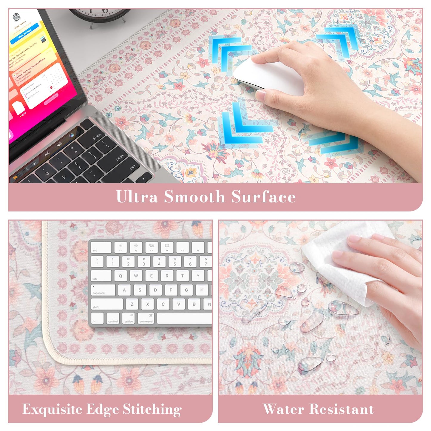 HAOCOO Pink Desk Matt, 35.4" x 15.7" Floral Mousepad for School Desk Use