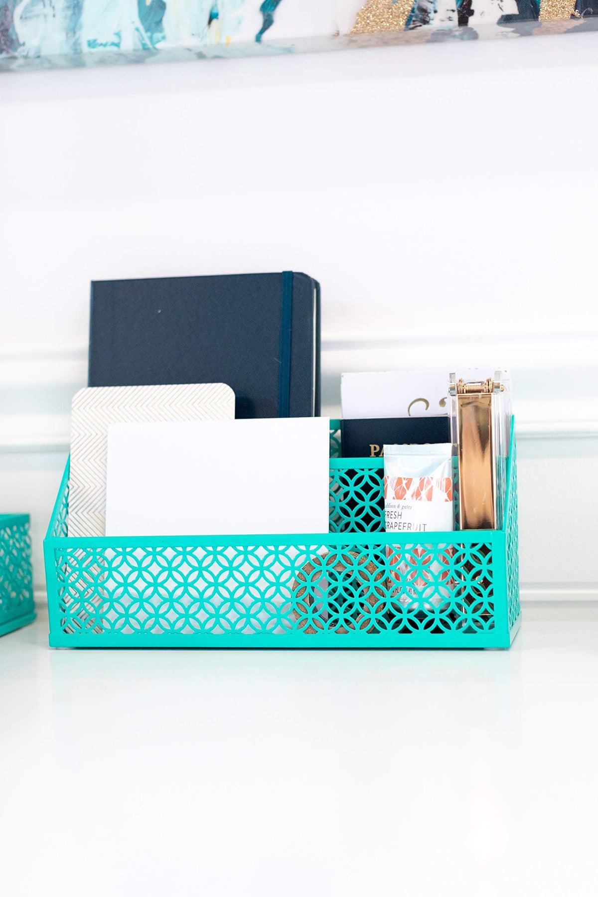 BLU MONACO | Dark Teal Desk Organizer Set | 5 Piece Metal Desk Accessories with Mail Sorter, Pen