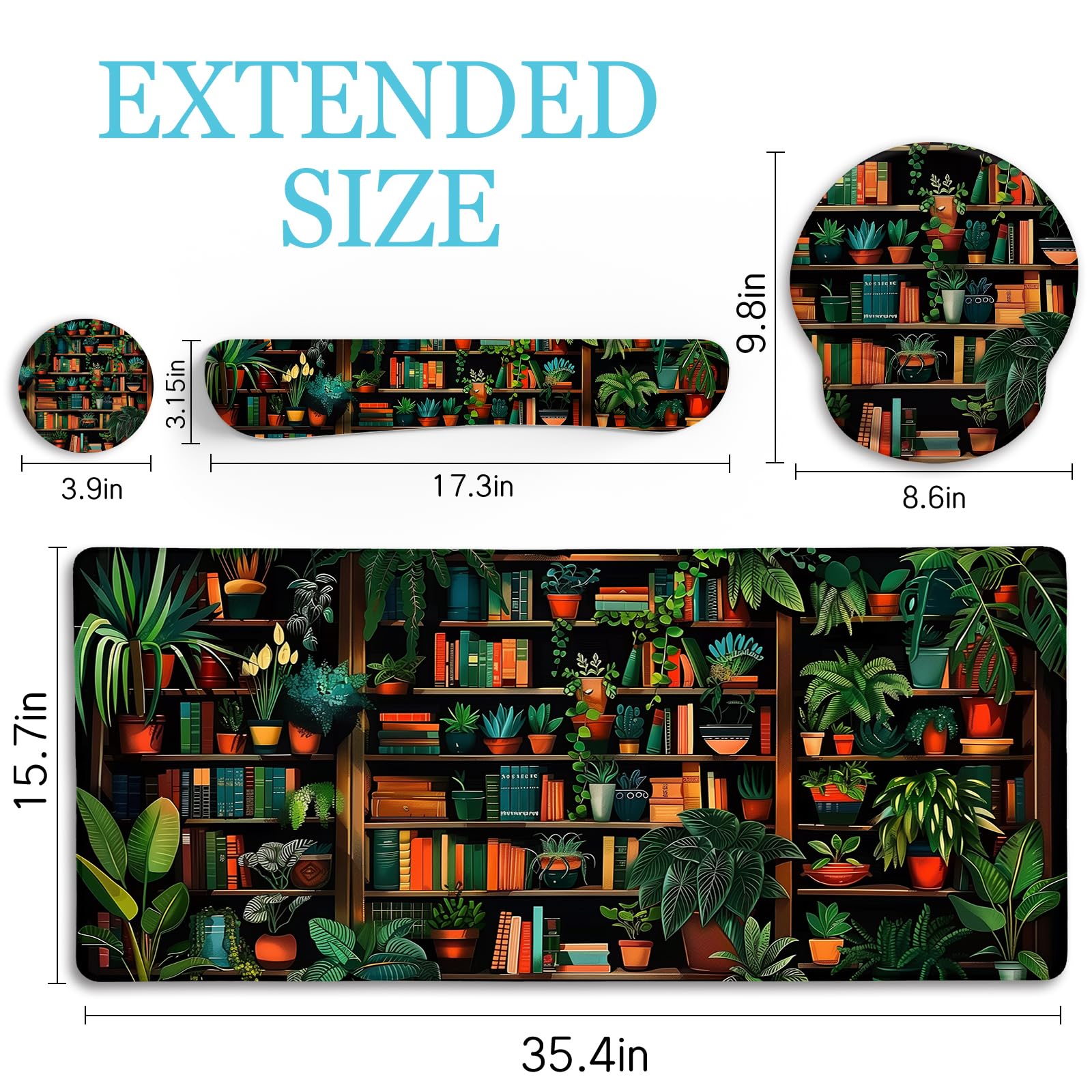 LIMKRIAN Bookshelf Mouse Pad with Wrist Rest, Plant Desk Mat Set Decor