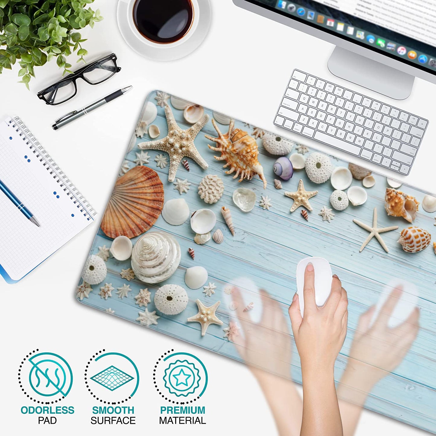 Shells on Blue Wood Large Mouse Pad Extended Gaming Mouse Pad Waterproof Desk Mat with Stitched