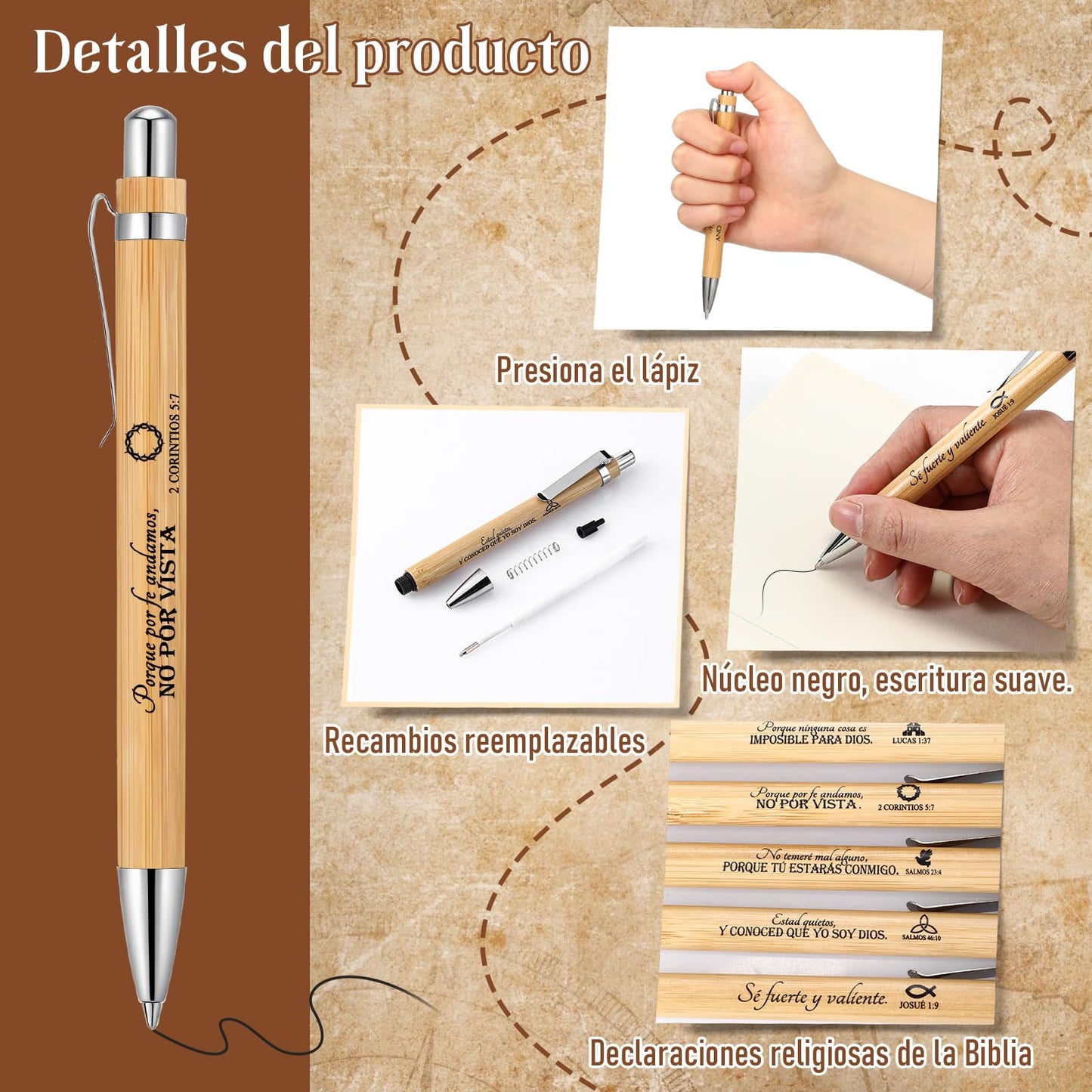 Fumete 50 Pcs Bible Verse Bamboo Pens Bulk, Natural, Spanish