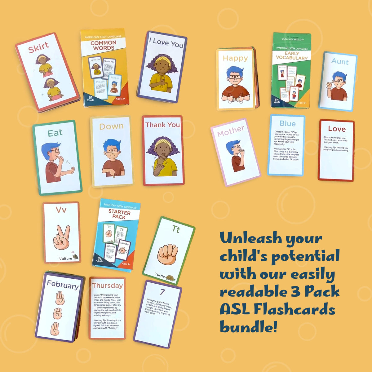 Hubble Bubble Kids American Sign Language Cards for Toddlers and Beginners - 180 ASL Flash Cards