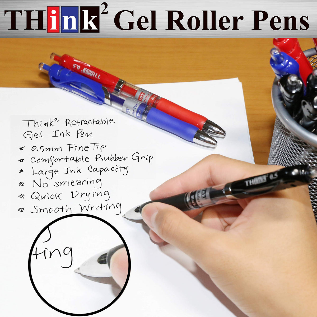 [24 Pens - 3 Colors] Think2 Retractable Gel Pens. (18 Black, 3 Red, 3 Blue) Fine Point (0.5mm)