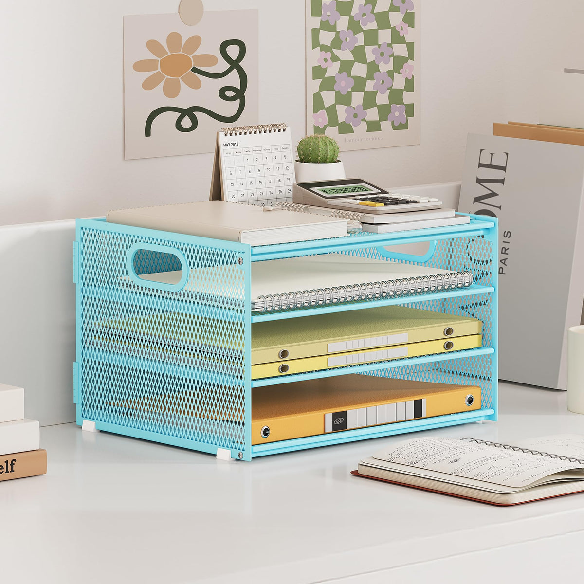 4 Tier Paper Organizer with Handle,Letter Tray Blue Desk Organizer Set
