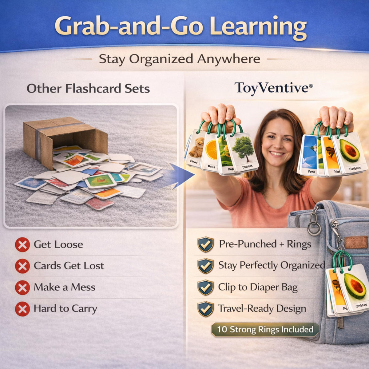 250 Thick & Sturdy Learning Flashcards for Toddlers 1-3 with Rings - Alphabet Flash Cards & Sight