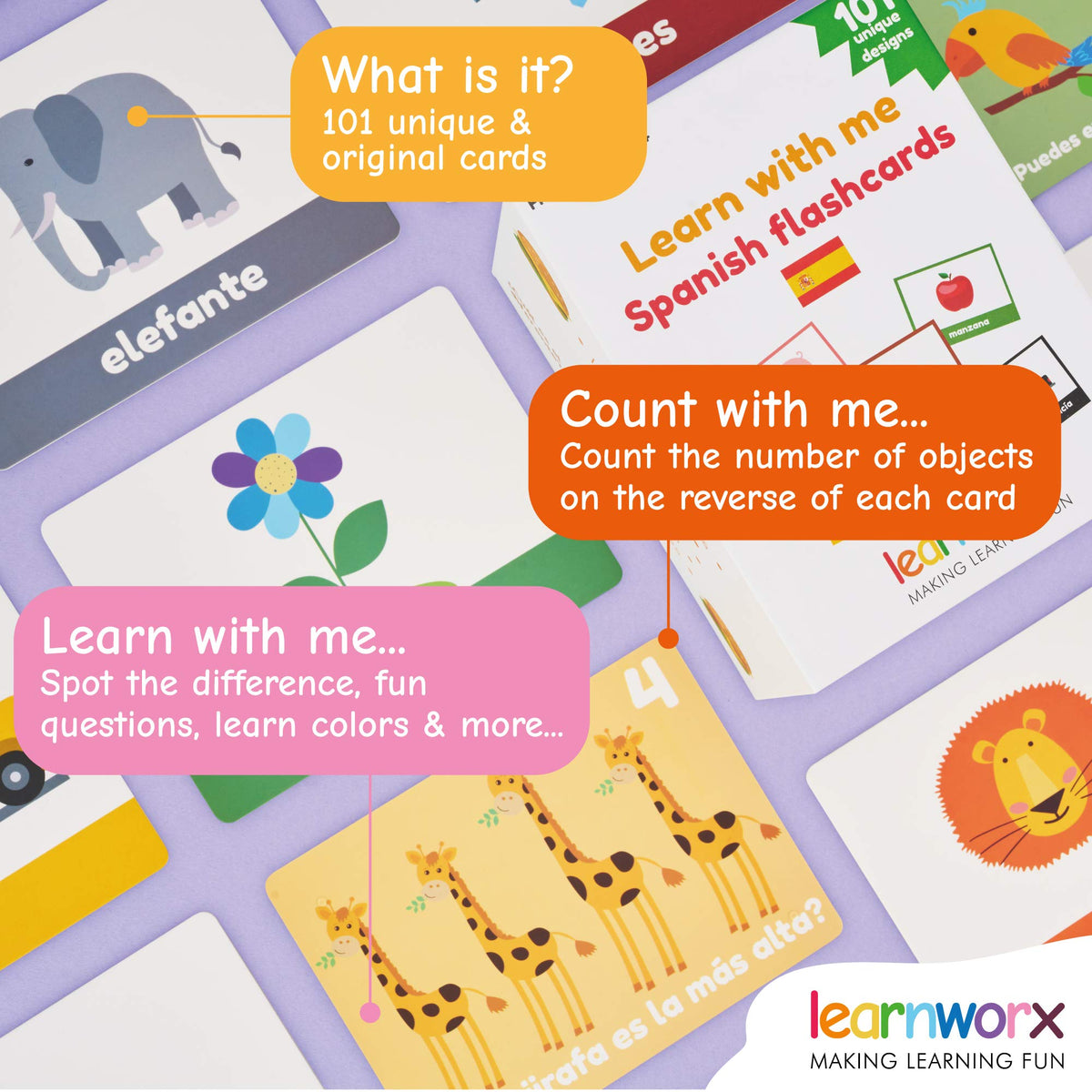Spanish Flash Cards for Kids & Toddlers - 101 Cards - 202 Sides - Learn with Me - Objects, Numbers