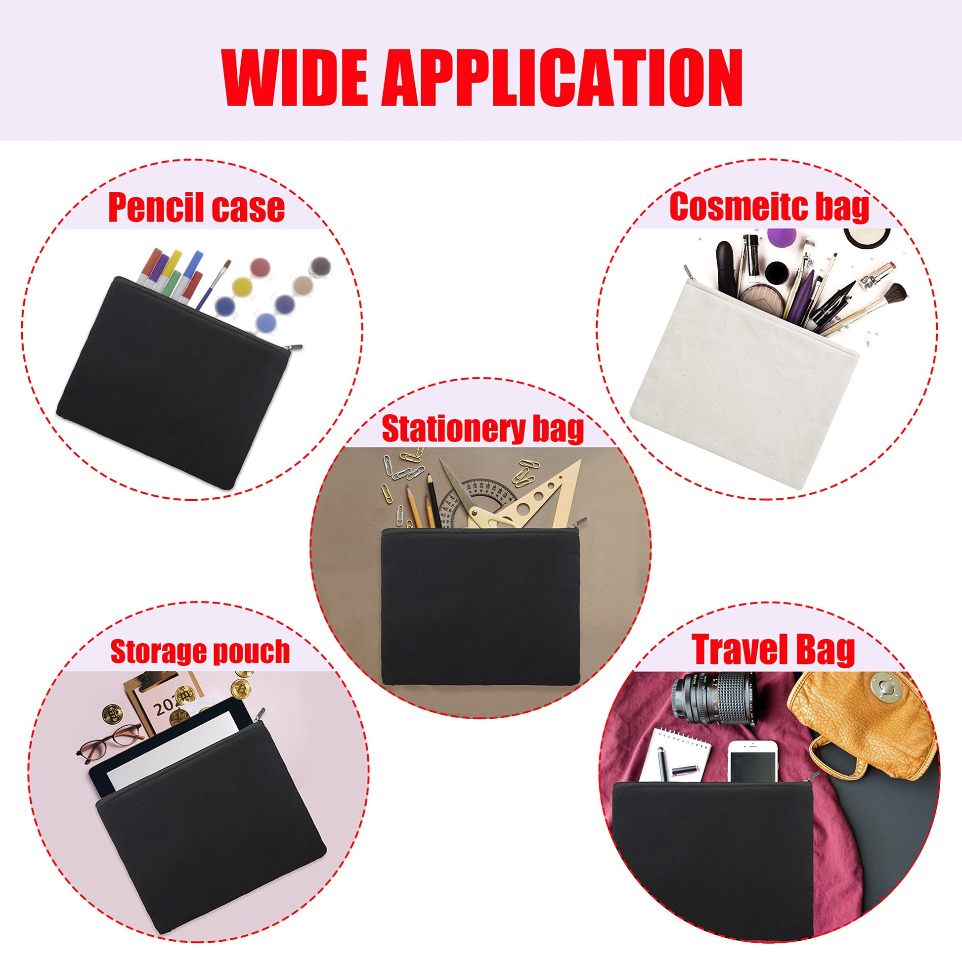 Aspire 6-Pack Cotton Canvas Makeup Bags with Zipper, 8 x 6 Inch