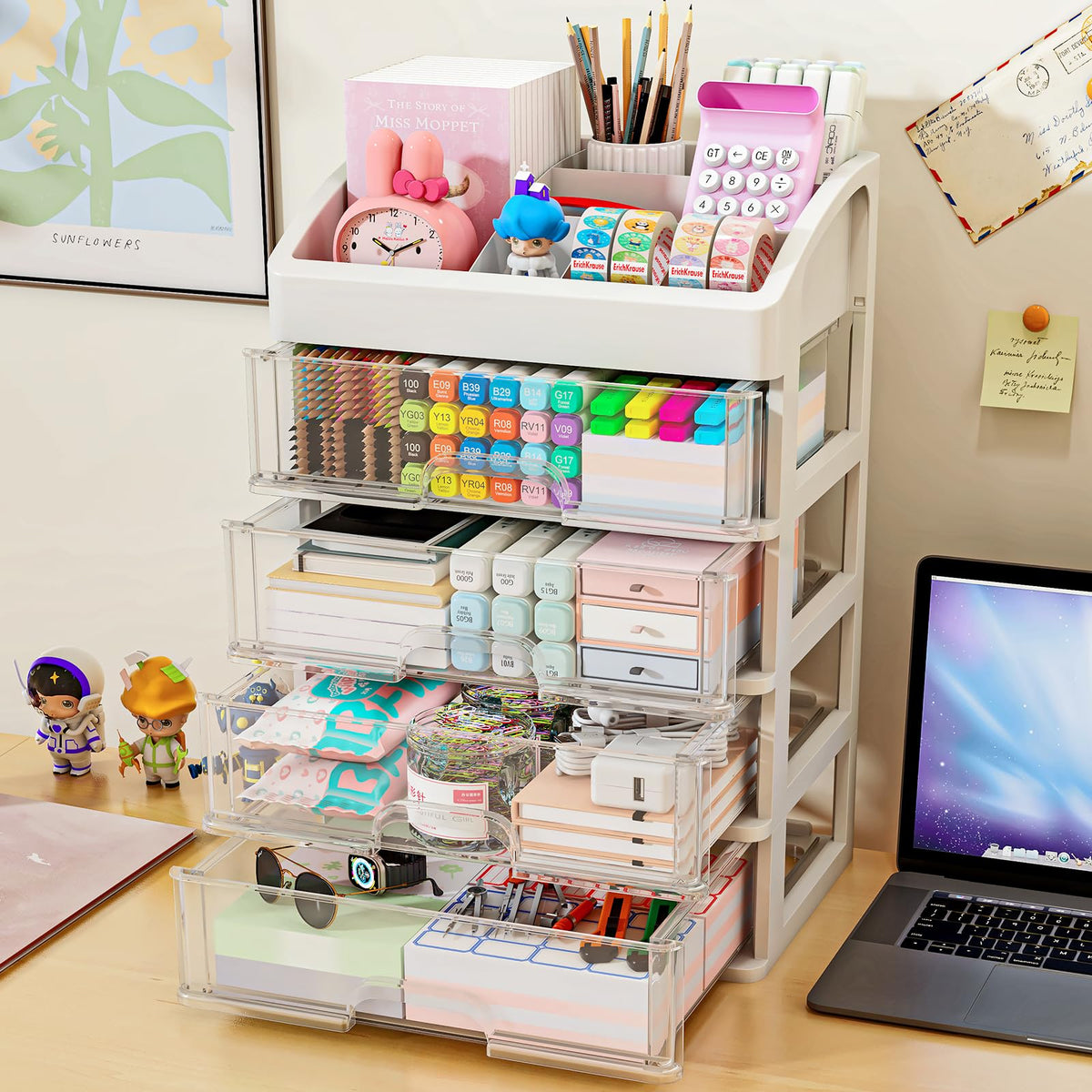 Desk Organizer with 4 Drawer Storage, Desktop Drawers Organizer for Office/School Supplies, Plastic