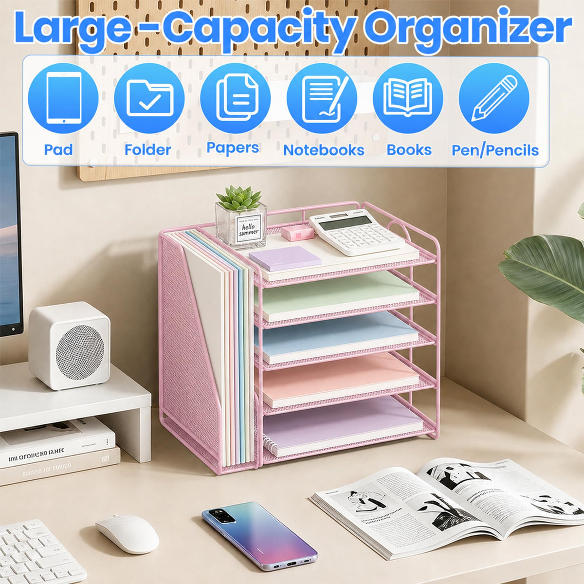 OPNICE Desk Organizer, 5-Tier Paper Organizer Letter Tray, Pink