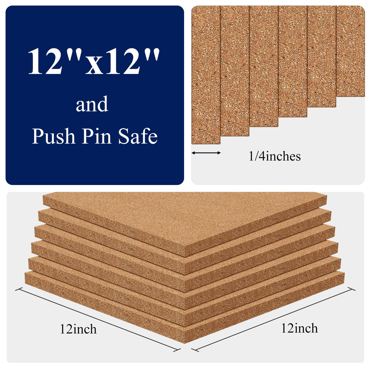 NACHLYNN Cork Board 6 Pack 12 x 12 Self-Adhesive Corkboards for Wall Square Bulletin Board with 100
