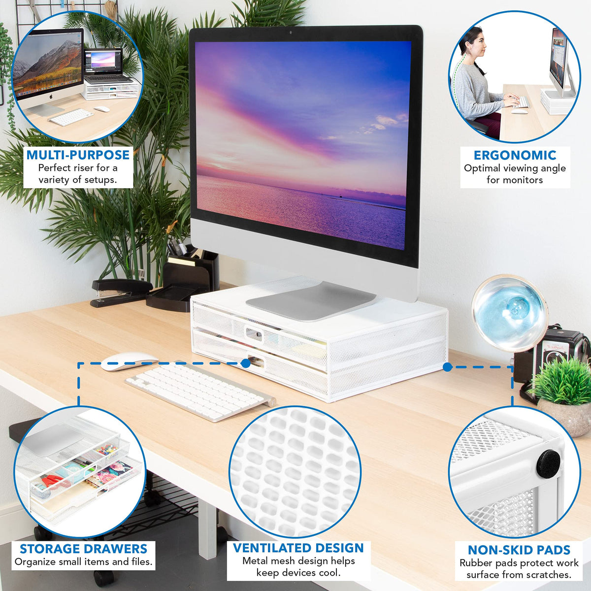 Mount-It! Mesh Computer Monitor Stand Riser [Metal] Desk Organizer with Two Pullout Storage Drawers