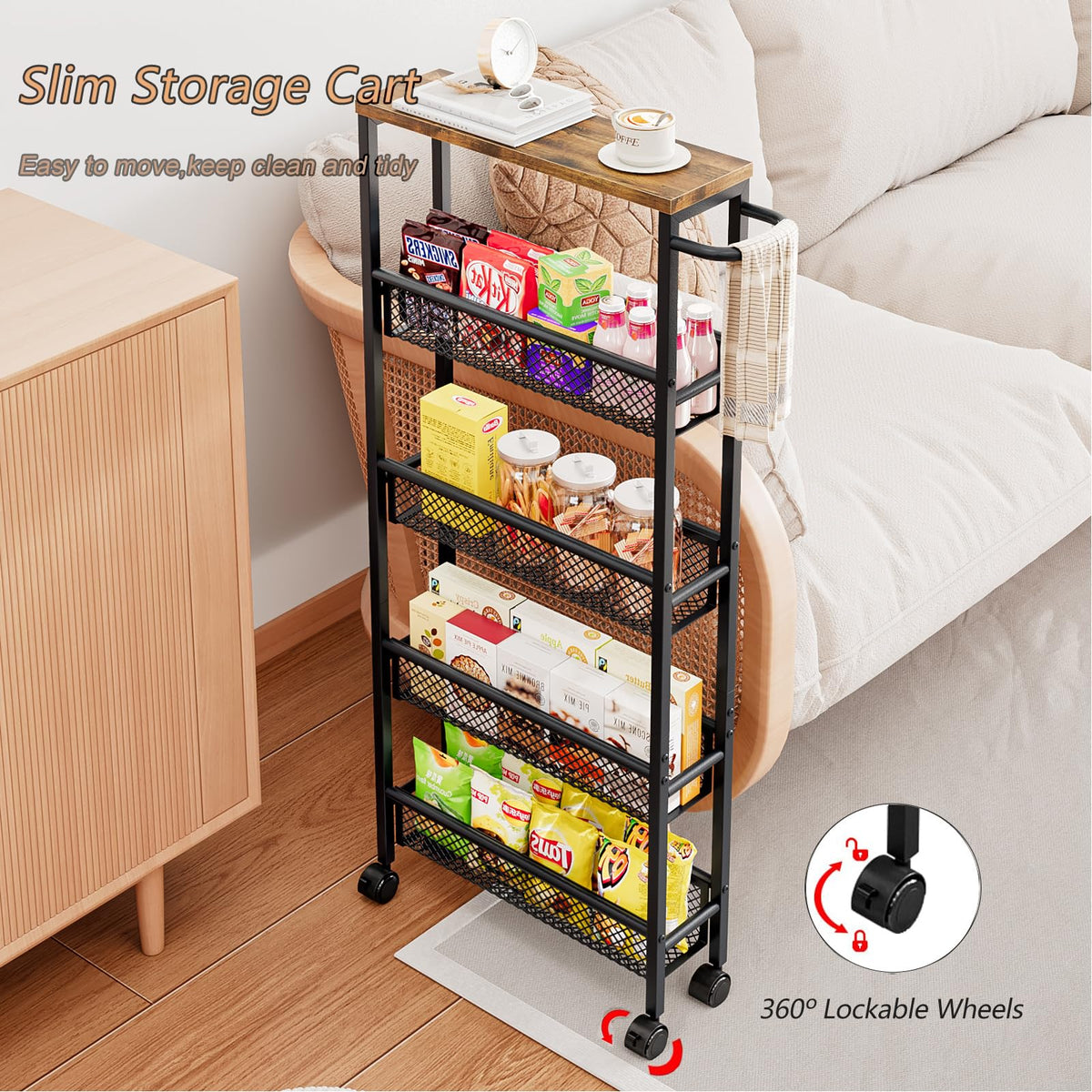 AZERPIAN Slim Rolling Cart 5 Tier Narrow Storage Cart on Wheels with Handle