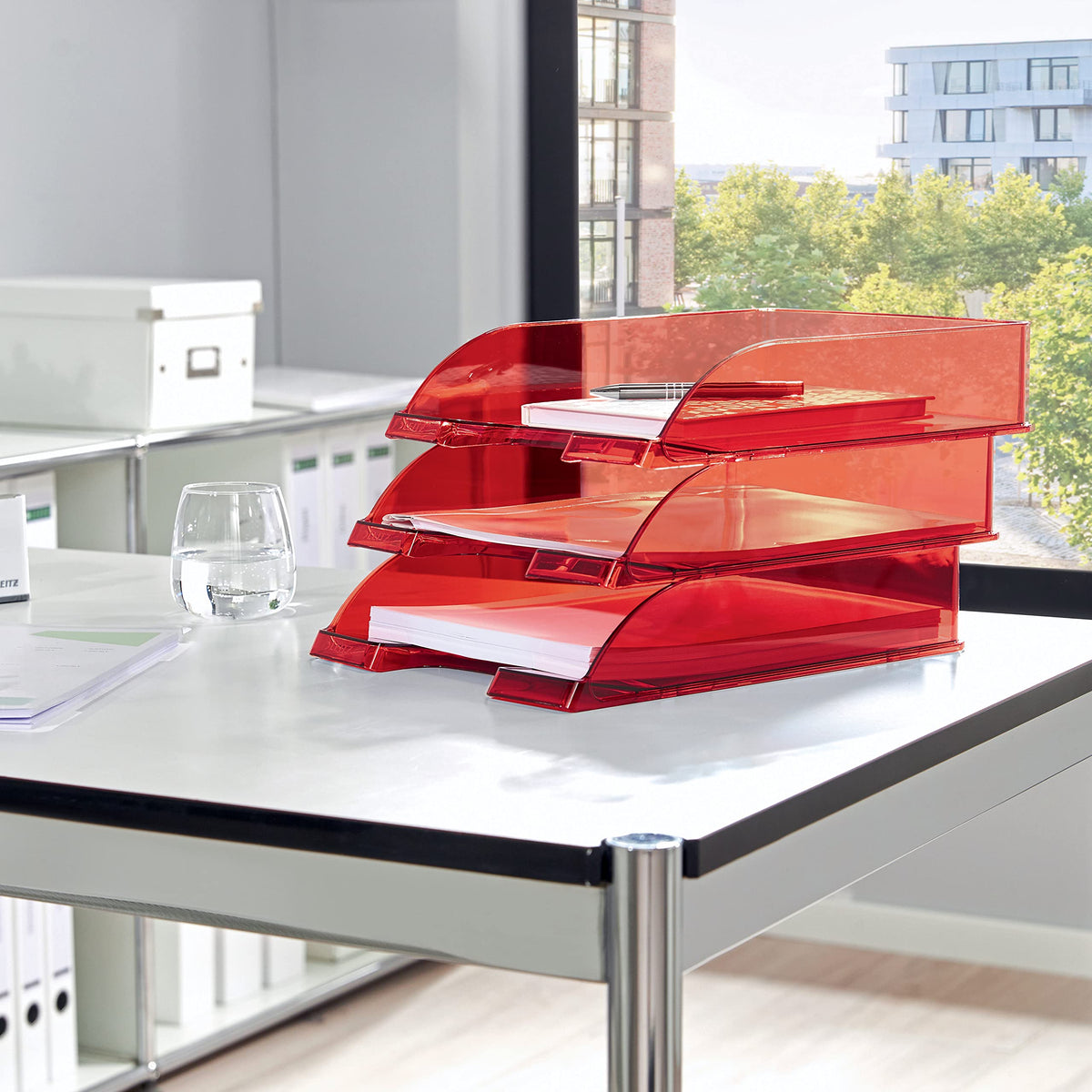Leitz A4 Letter Tray, Transparent Red, Plus Range, 52260028