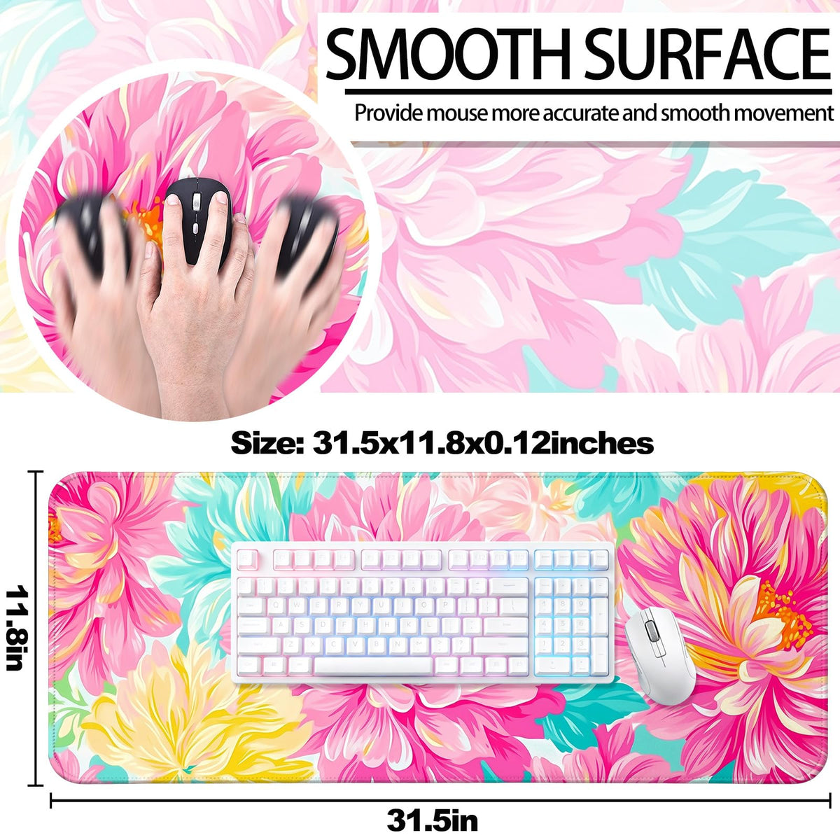 JIANG100 Flower Gaming Desk Mat, XL Large Extended Floral Mouse Pad, Pink