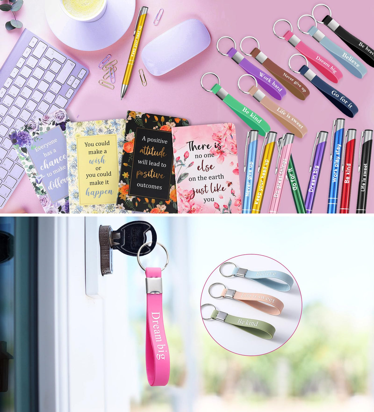 PerKoop 48 Pcs Inspirational Gifts Bulk Motivational Notepads Ballpoint Pens Keychains Set Floral