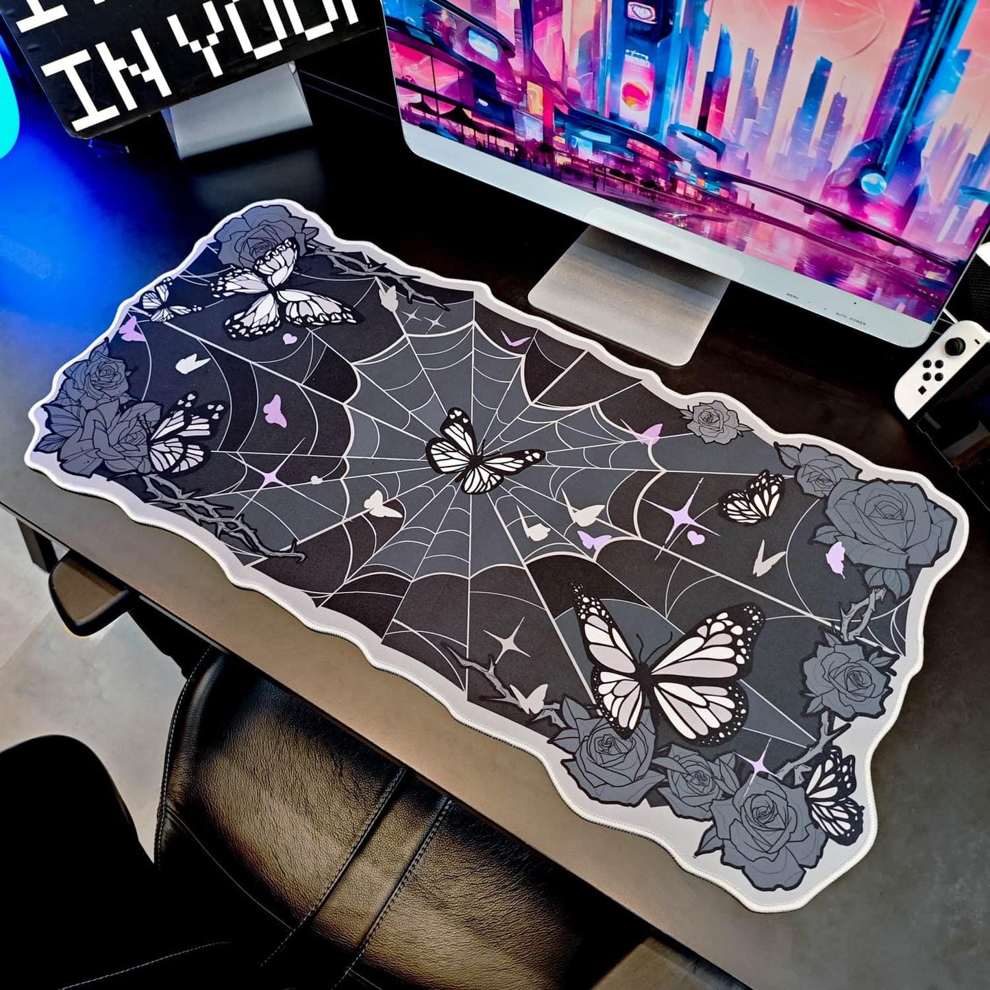 BelugaDesign Butterfly Desk Pad | Rose Spider Web Kawaii Cute Keyboard Gaming PC Laptop Mat | Large