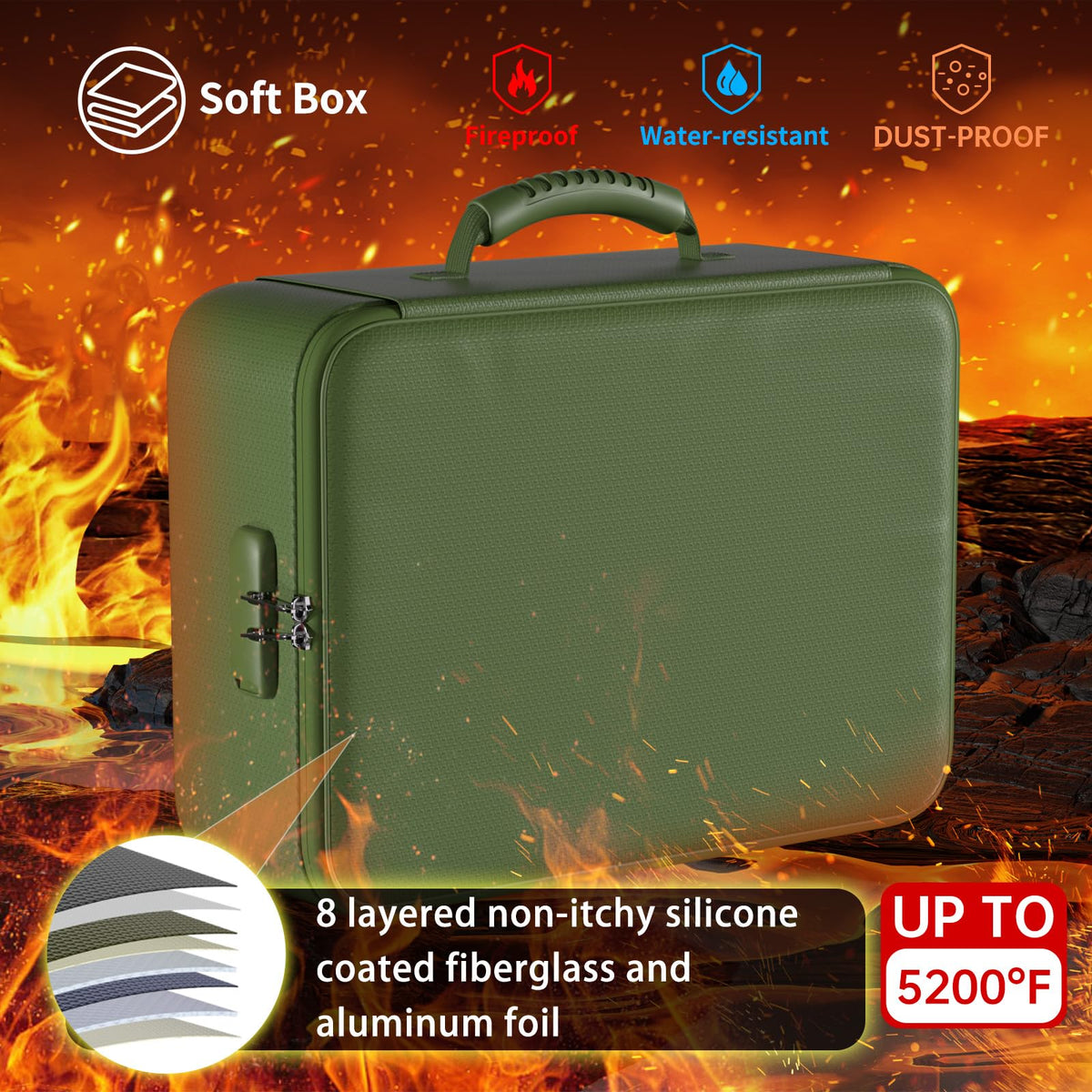 DocSafe 5200°F Fireproof Document Organizer Box with Lock, Green (Soft)