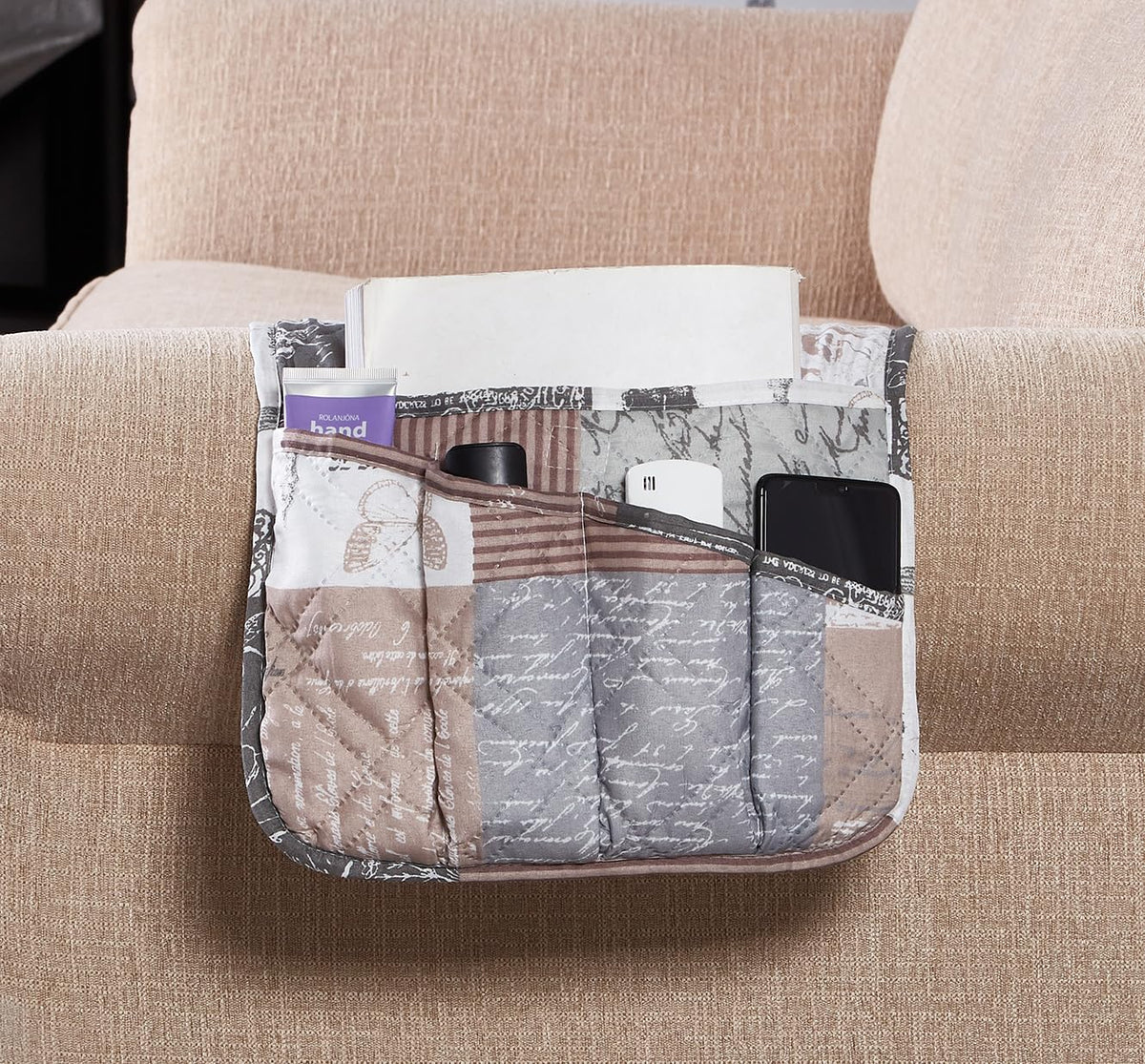 Brilliant Sunshine Latte Grey Toile Couch Armrest Cover, 35"×13"