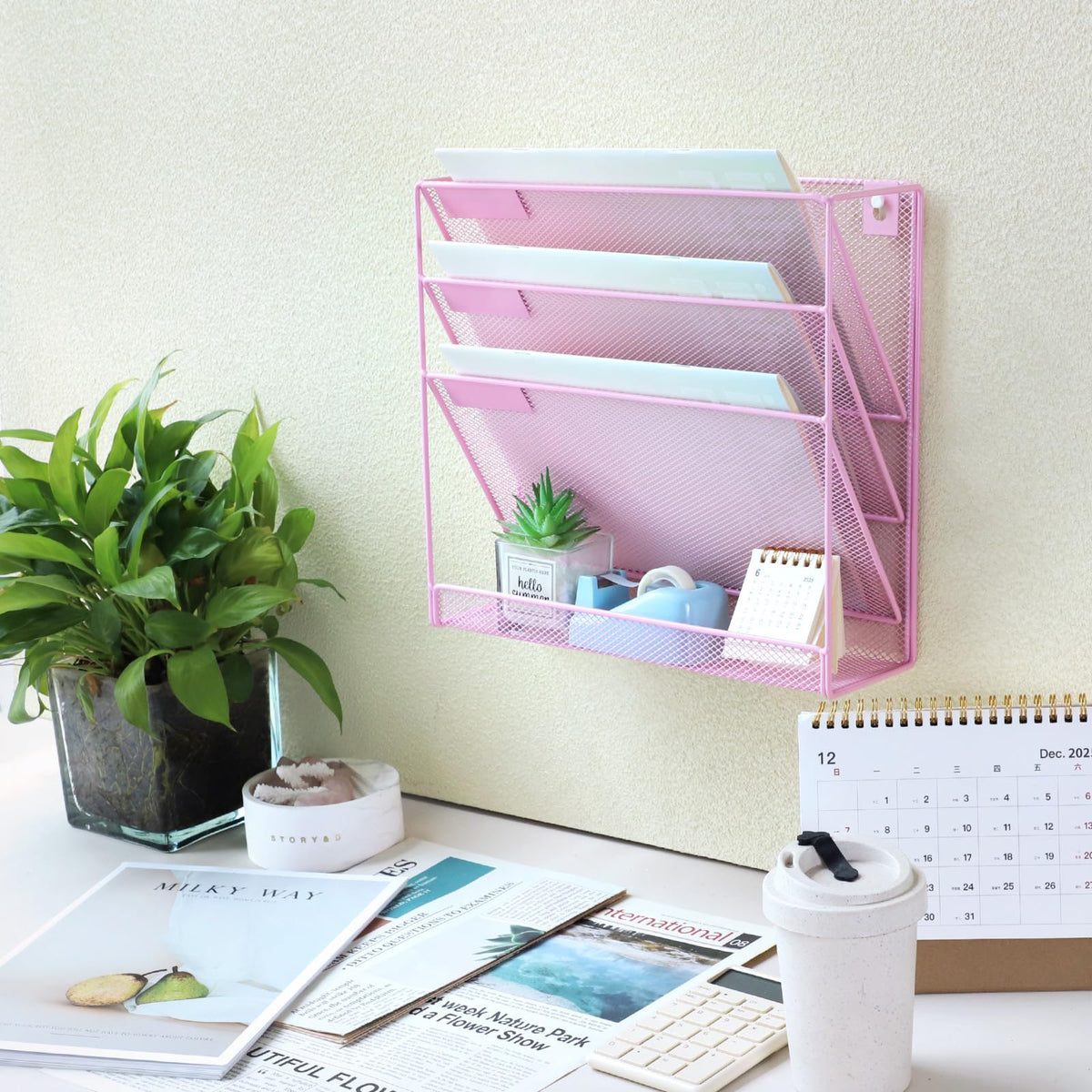 ideallife 3 Pockets Mesh Wall File Holder Organizer with Bottom Flat Tray, Office Hanging File