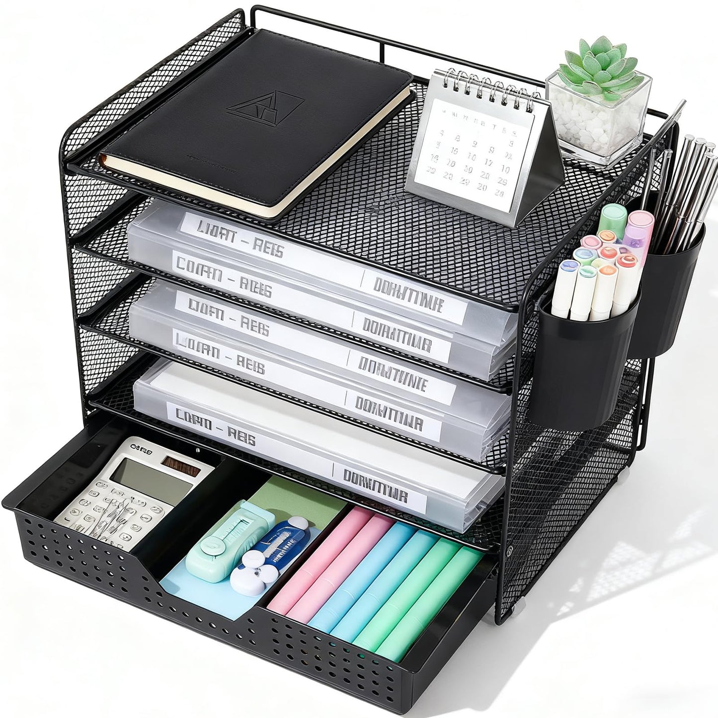 LEKETREE Desk Organizer and Accessories, 5-Tier Paper Letter Tray Organizer with Drawer & 2 Pen