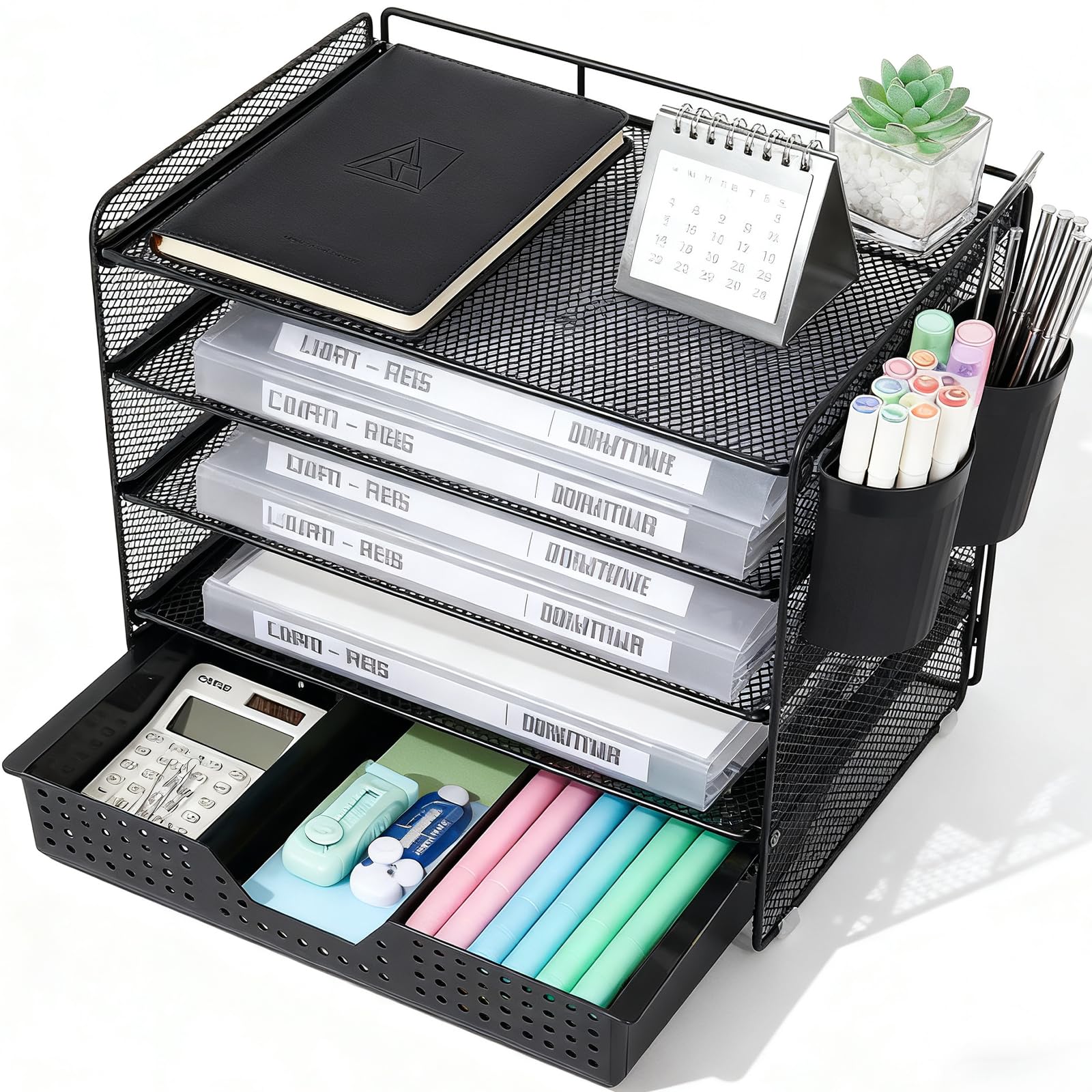 LEKETREE Desk Organizer and Accessories, 5-Tier Paper Letter Tray Organizer with Drawer & 2 Pen