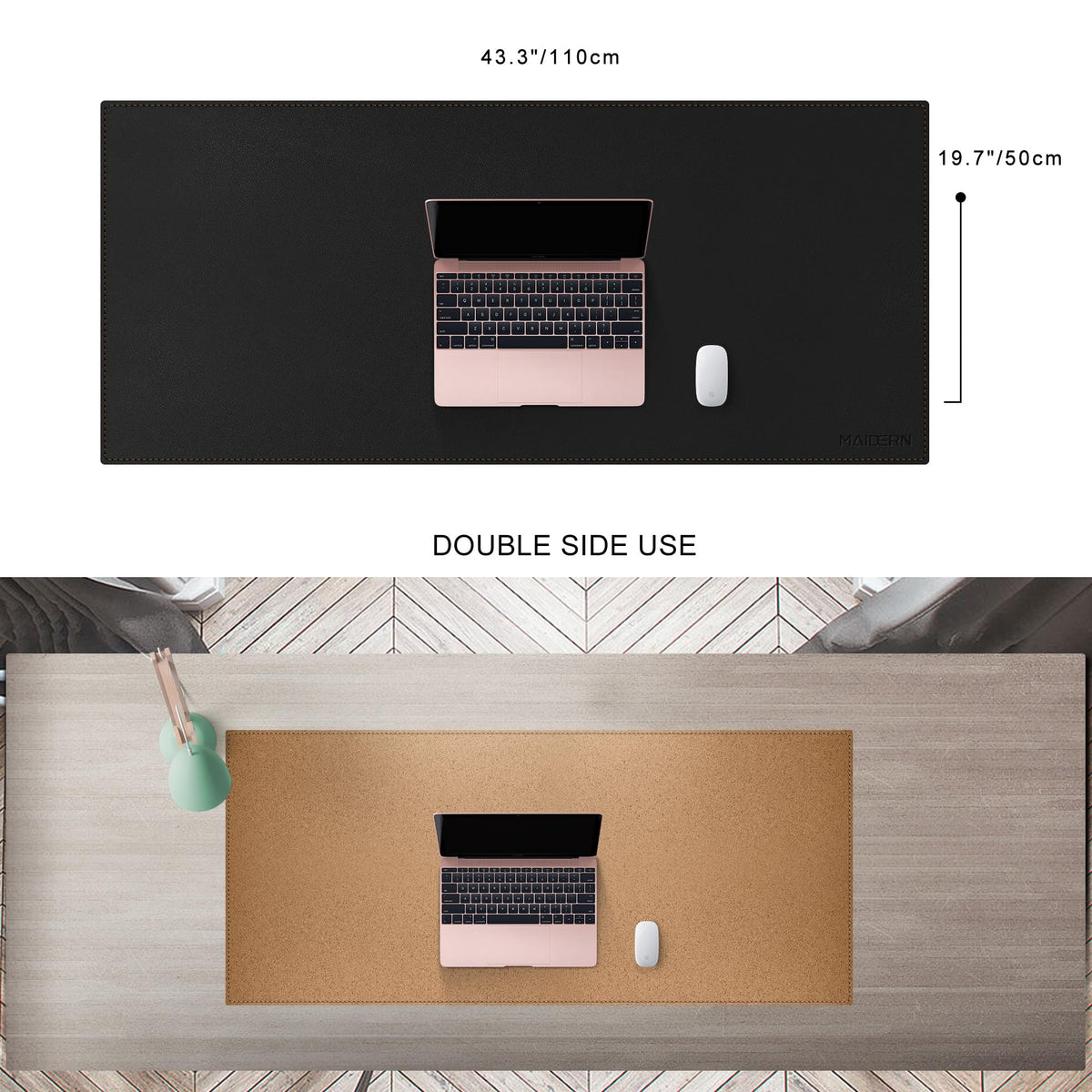 MAIDERN 43.3”x 19.6” Cork & Leather Desk Pad, Large Desk Mat (Black)