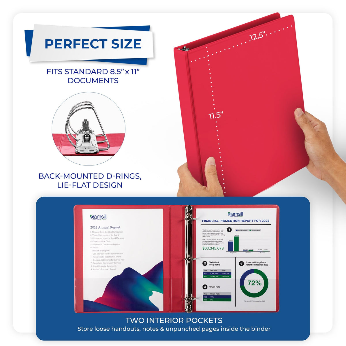 Samsill Durable 1 inch 3 Ring Binder, D Ring Binder, 100% Recycled Chipboard, Red, 4 Pack
