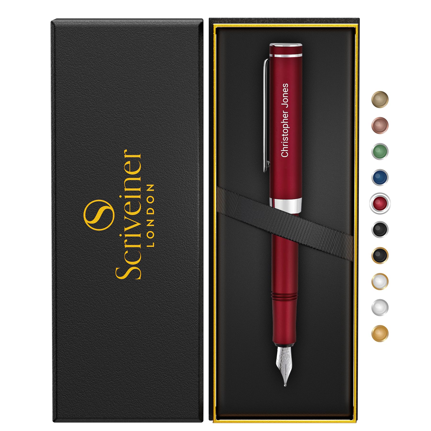Scriveiner Personalized Luxury EDC Fountain Pen (Medium), Stunning Matt Red Pocket Pen, Chrome