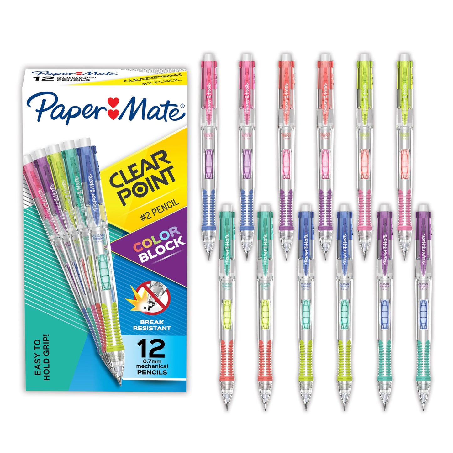 Paper Mate Clearpoint Mechanical Pencils, Color Block Edition, HB #2 Lead (0.7mm), 12 Count - Back