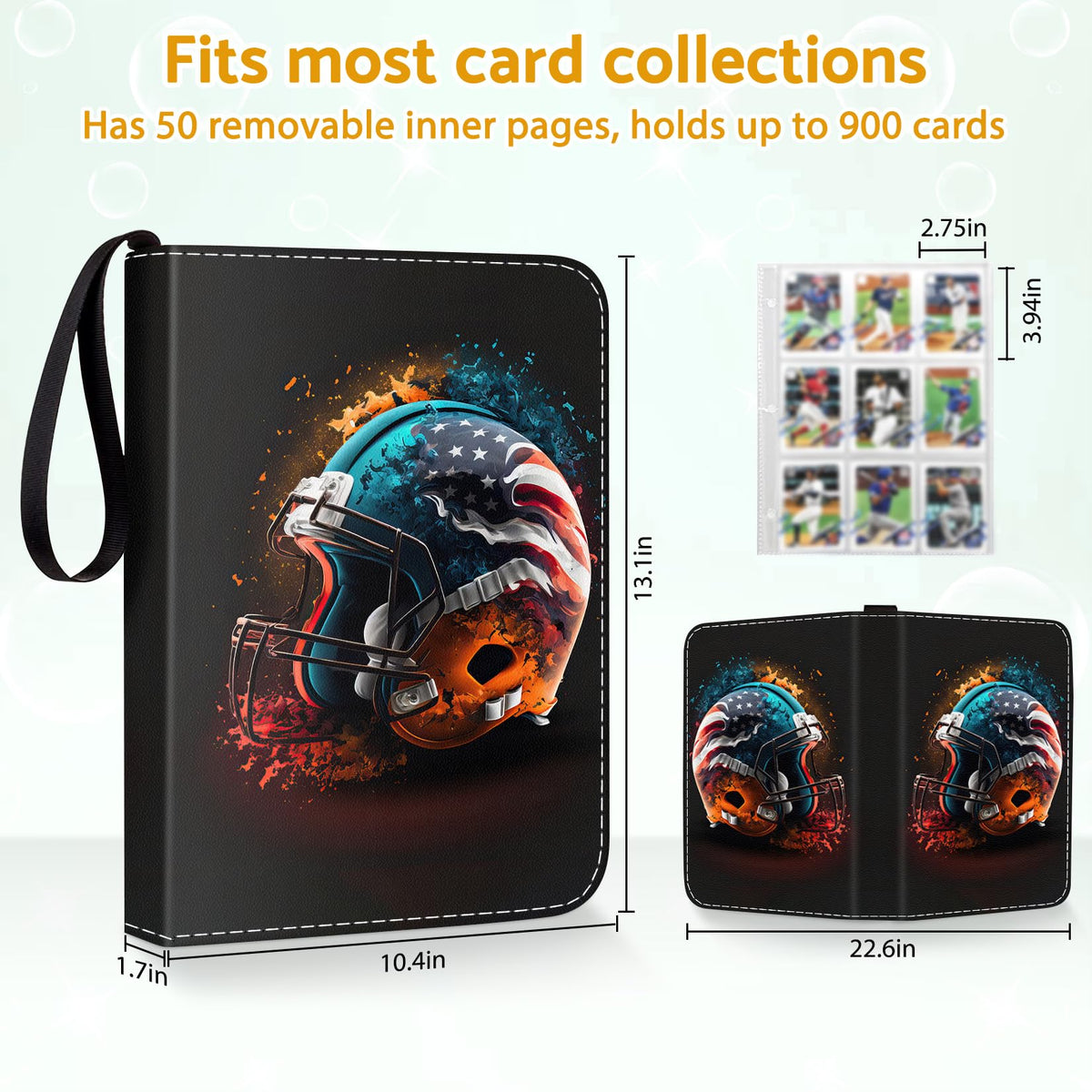 Football Card Binder,9-Pocket Book For 900 Cards,50 Removable Binders Football Binder,Football Card