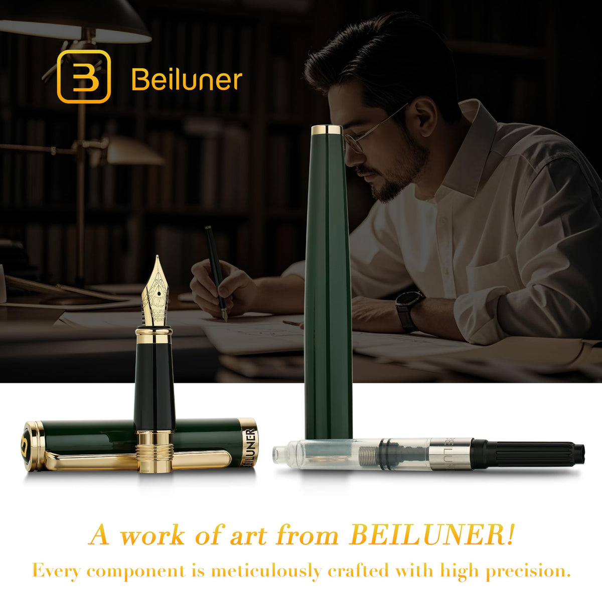 BEILUNER Racing Green Fountain Pen,Stunning Luxury Pens with 24K Gold Finish, Gorgeous 24K Gilded