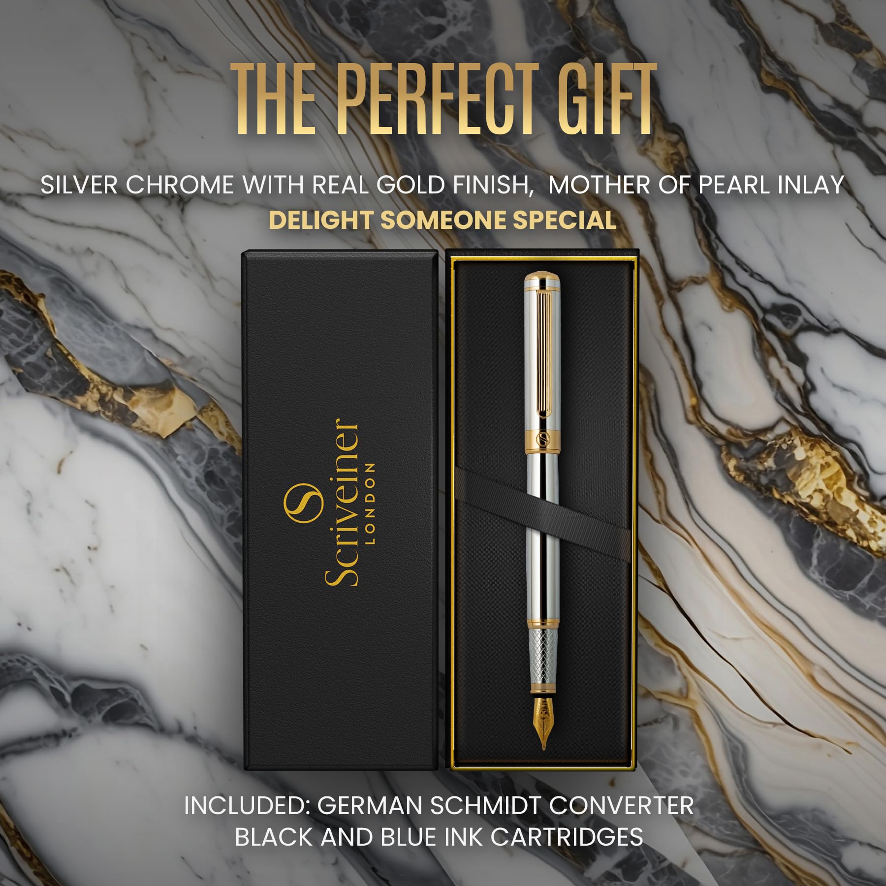 Scriveiner Silver Chrome Fountain Pen - Stunning Luxury Pen, Real Gold Finish Schmidt Gilded Nib