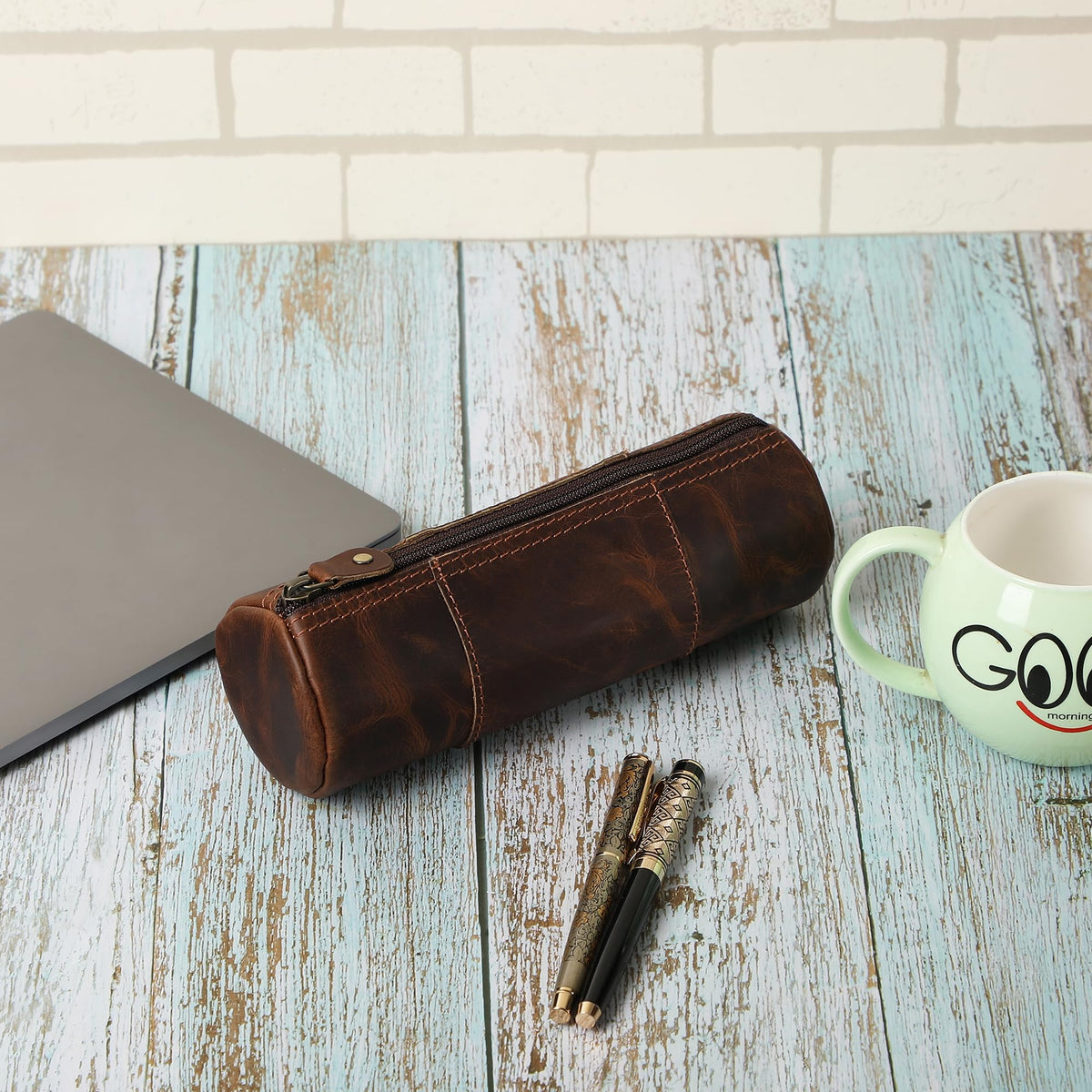 TheAntiq Brown Leather Pencil Case, Make-up Pouch, Leather Zipper Pouch