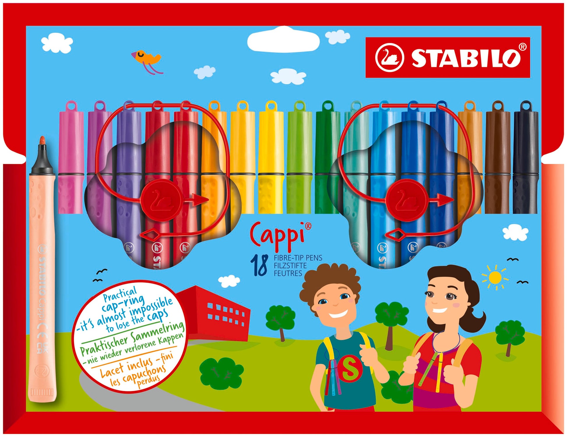 Fibre-Tip Pen with Cap-Ring - STABILO Cappi - Pack of 18 - Assorted Colours + 2 Cap-Rings